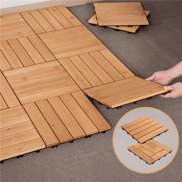SUGIFT  12''x12''Interlocking Wood Flooring Tiles Indoor & Outdoor for Patio Garden Deck Poolside Pack of 27 Natural