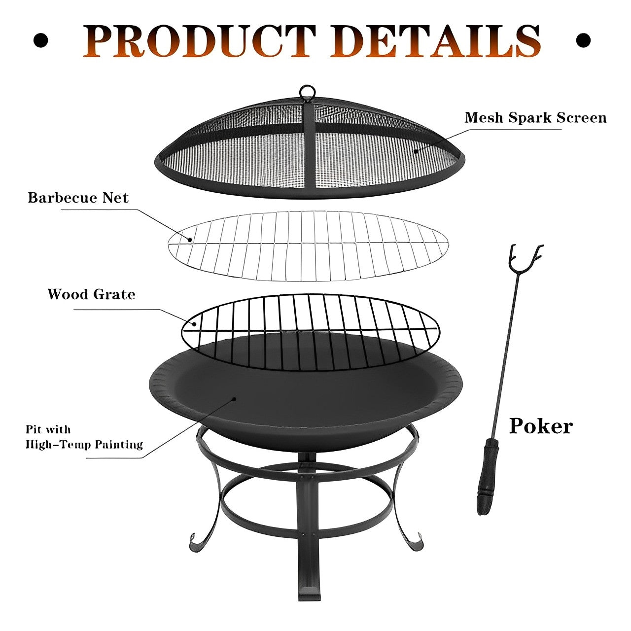 26in Outdoor All-Season Portable Steel Fire Pits with Spark Screen, Barbecue Net, Poke