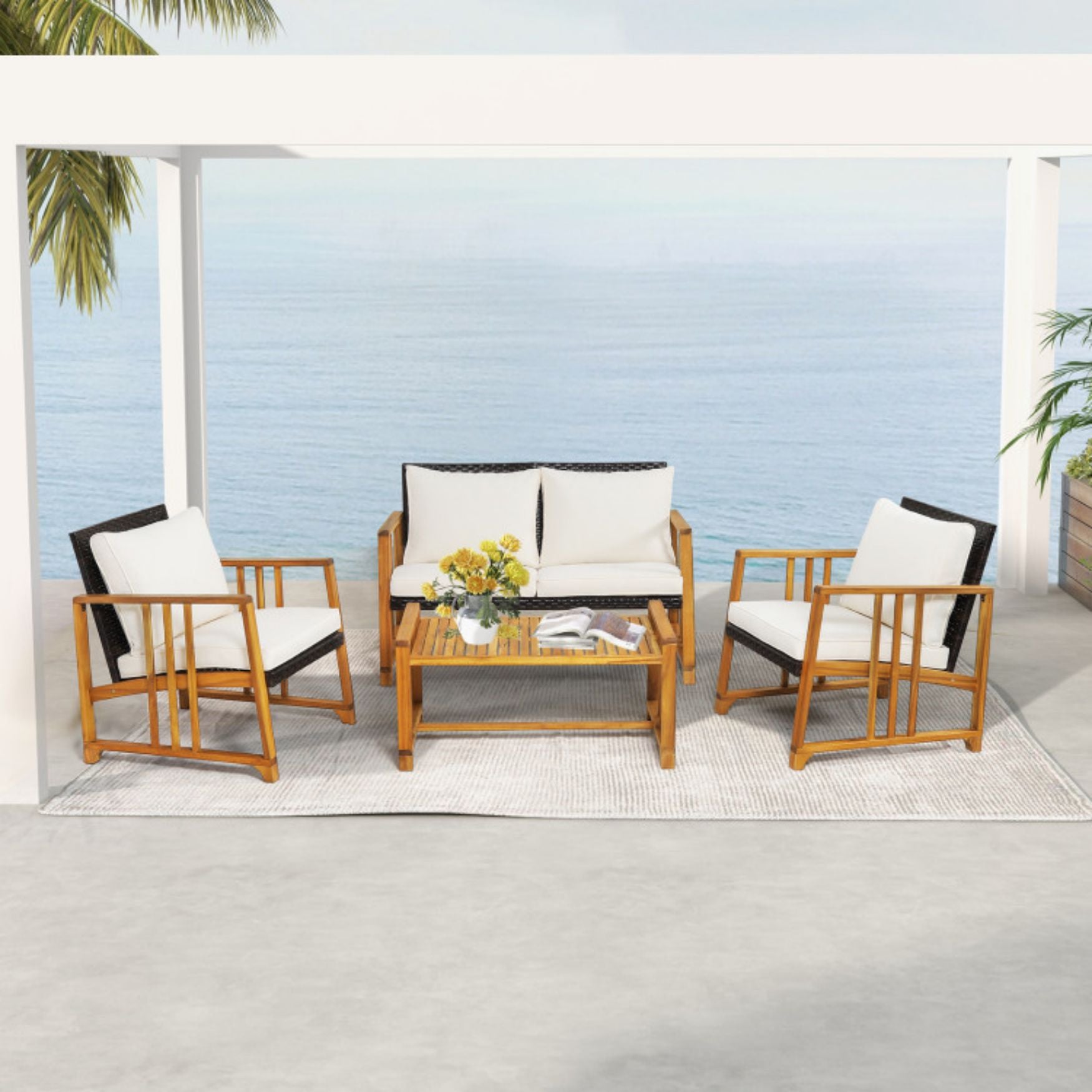 SUGIFT 4 Pieces Patio Rattan Conversation Set with Seat and Back Cushions