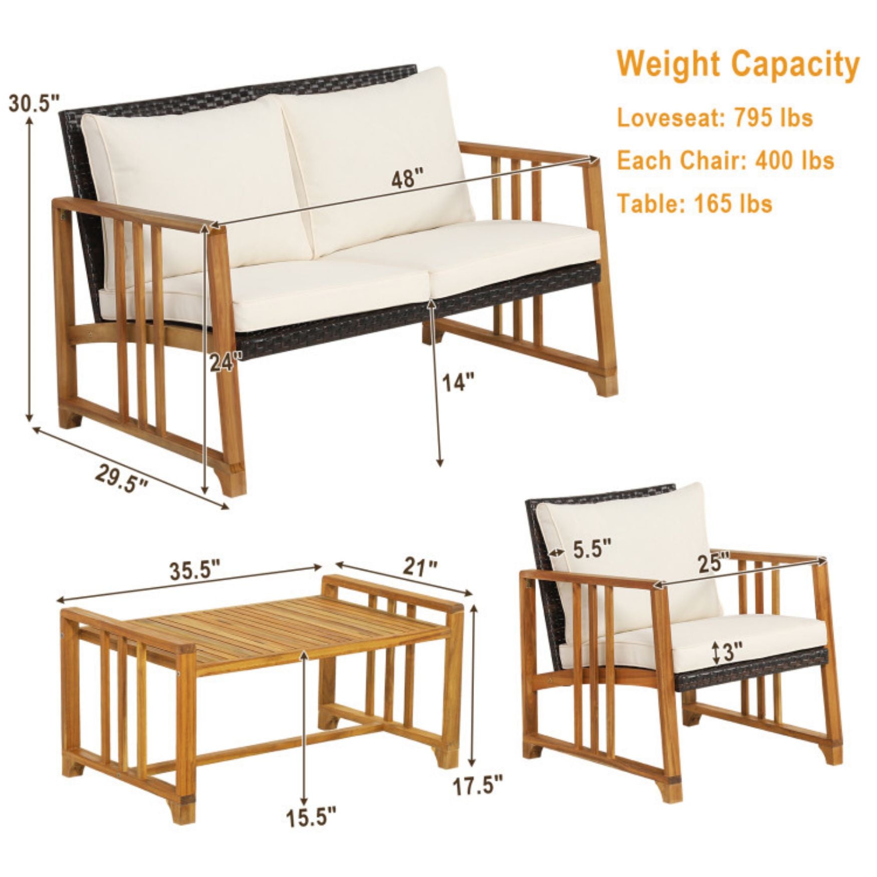 SUGIFT 4 Pieces Patio Rattan Conversation Set with Seat and Back Cushions