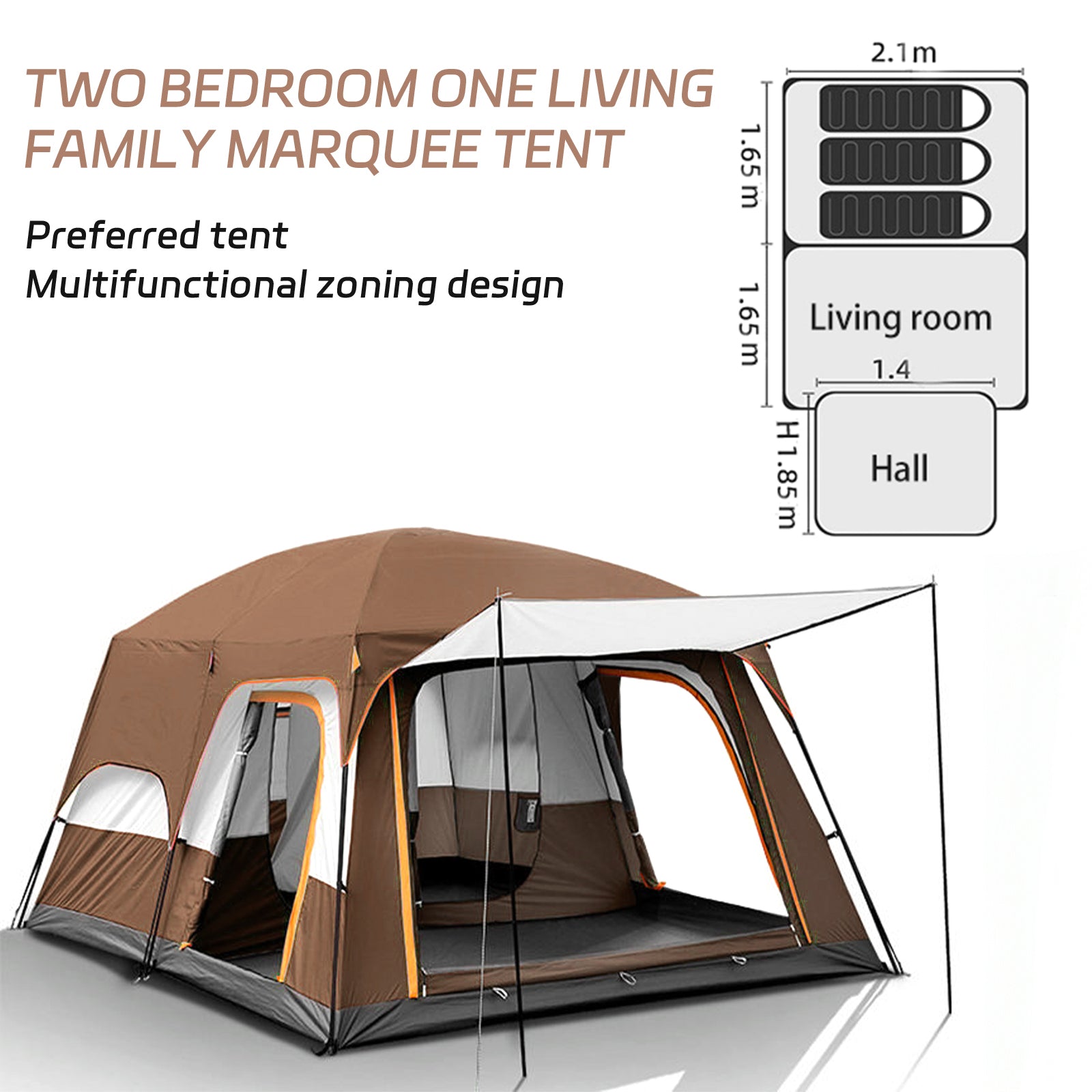 6-Person 3-Season Camping Dome Tent, Brown
