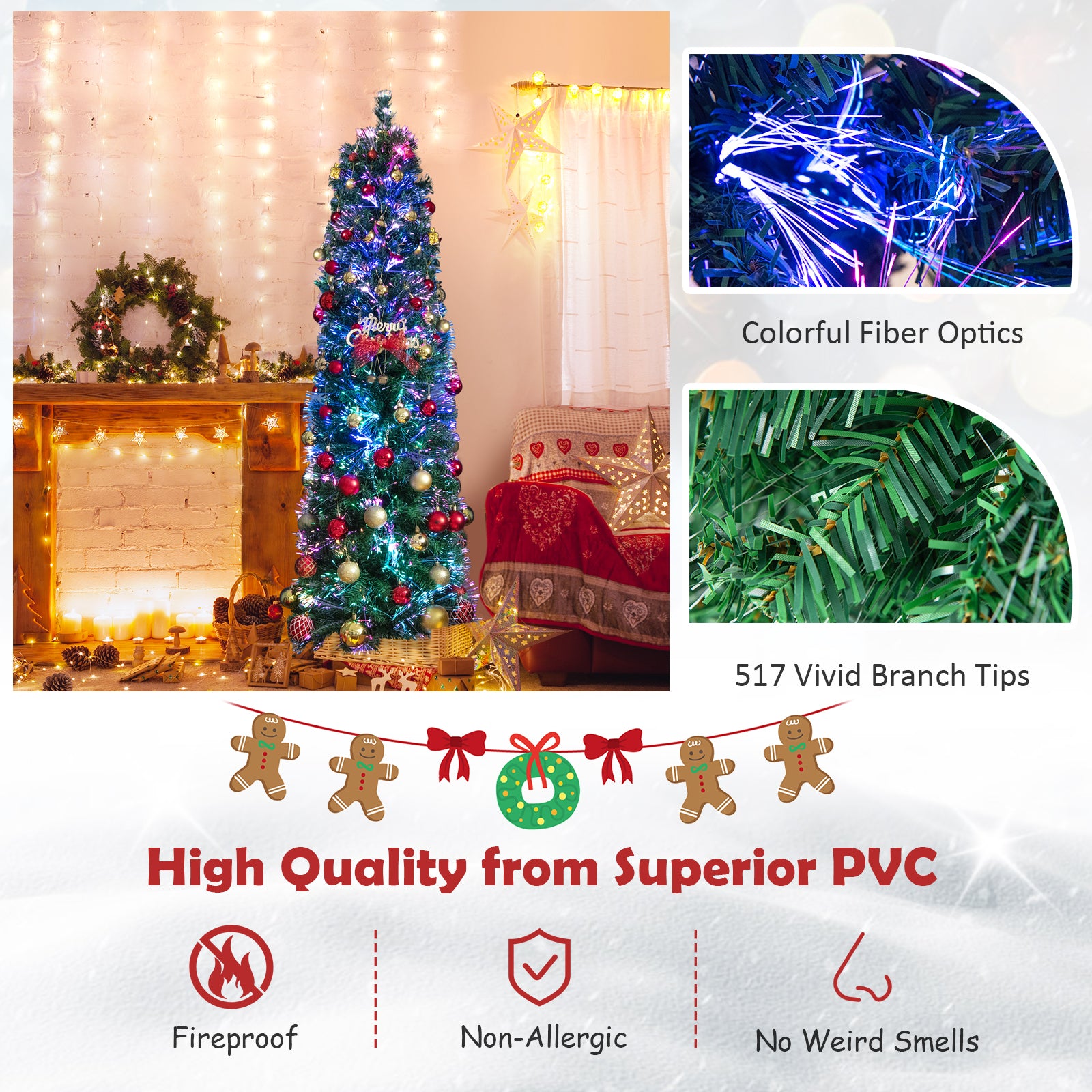6 FT Pre-Lit Christmas Pencil Tree with Colorful Fiber Optics Green