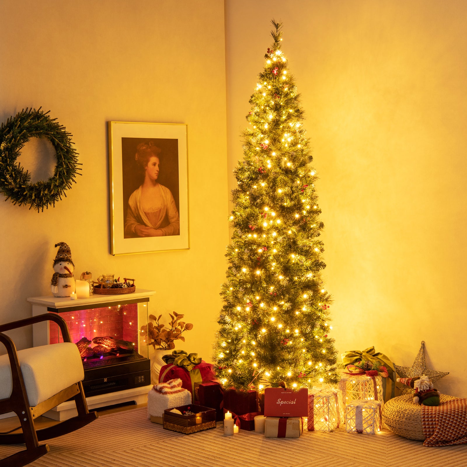 7 FT Pre-Lit Artificial Hinged Slim Pencil Christmas Tree