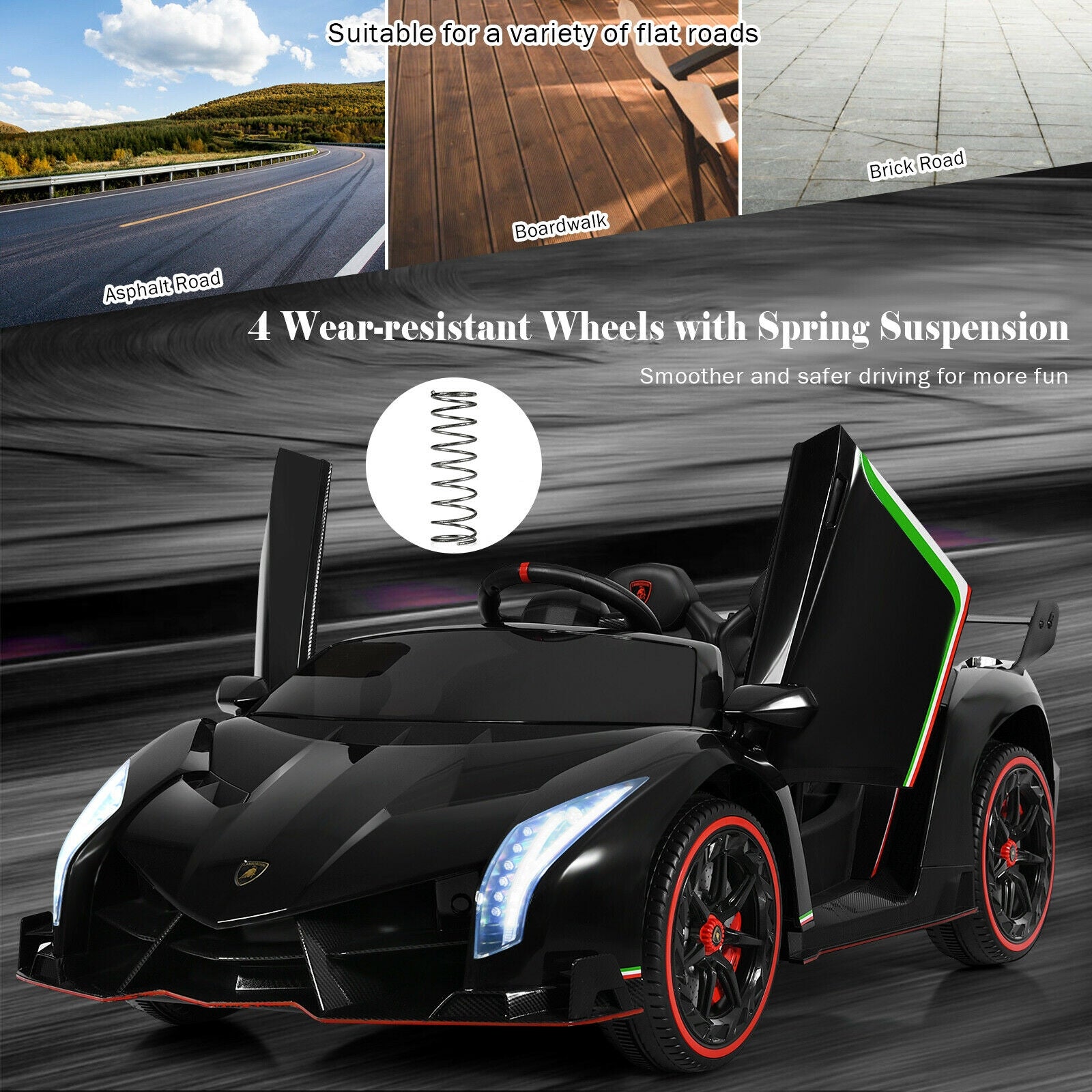 12V 2-Seater Licensed Lamborghini Kids Ride On Car with RC and Swing Function-Black