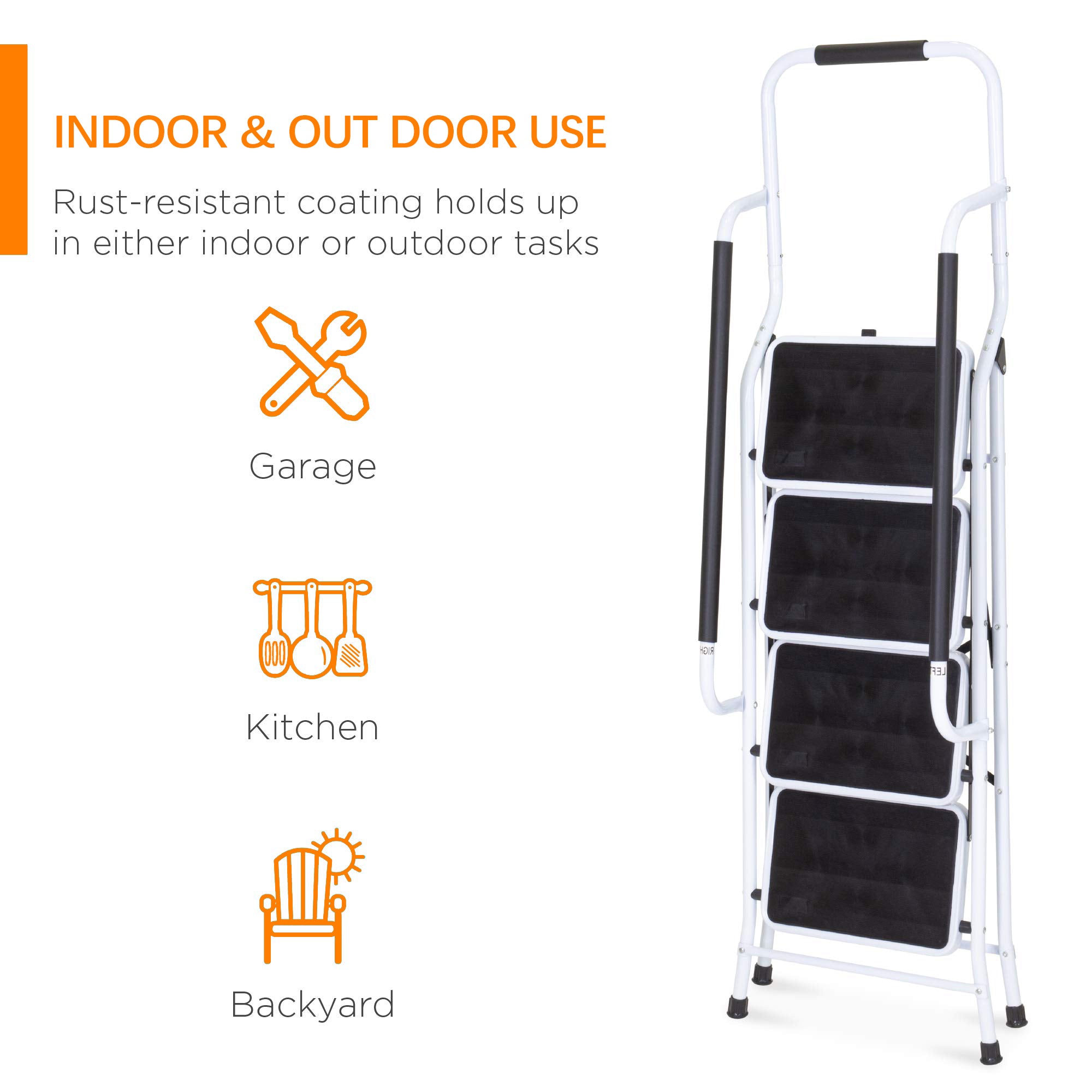 4 Step Folding Ladder with Hand Grip Non-Slip Safety Rails