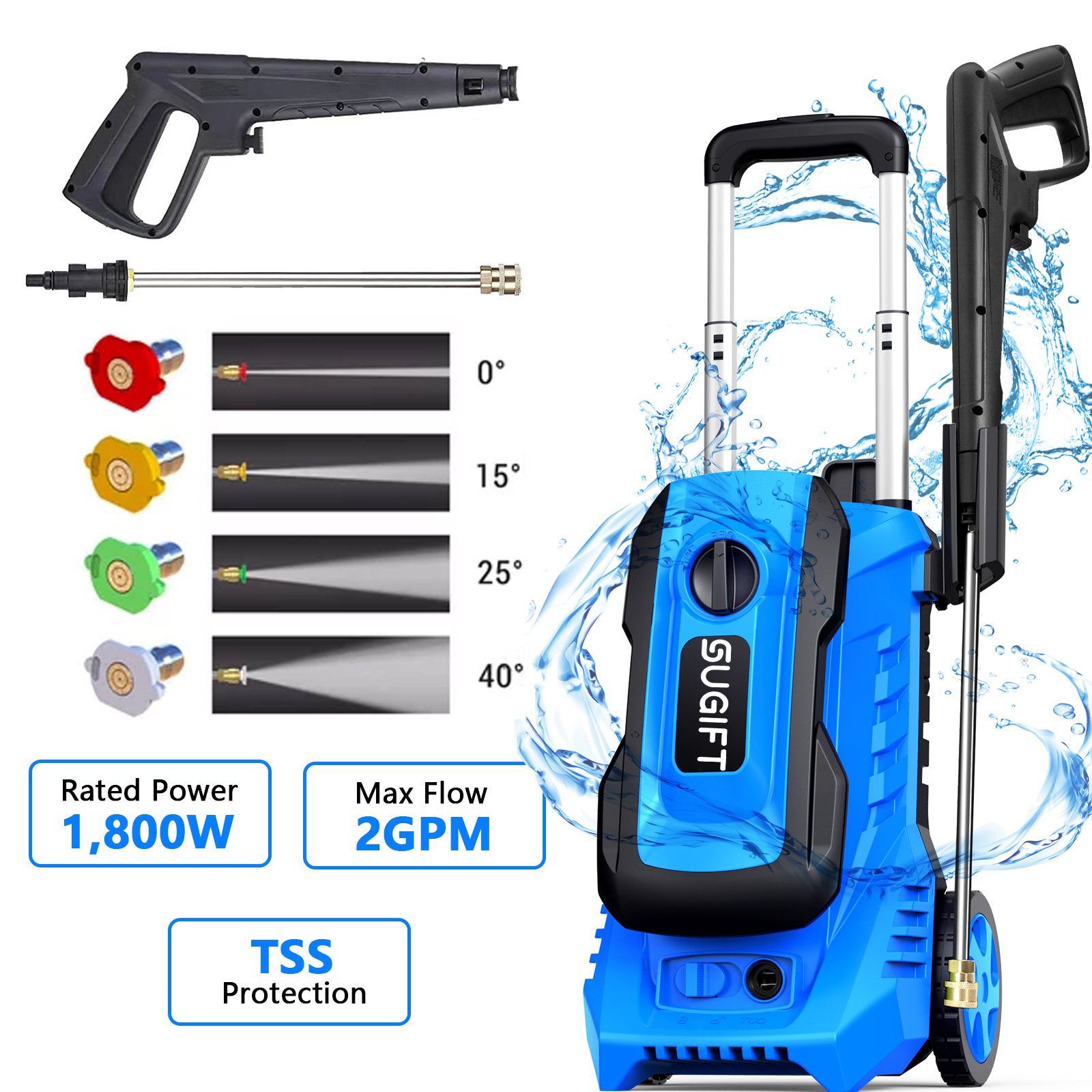 2600 Max PSI 1.8 GPM Electric High Pressure Washer, Cleans Cars/Fences/Patios