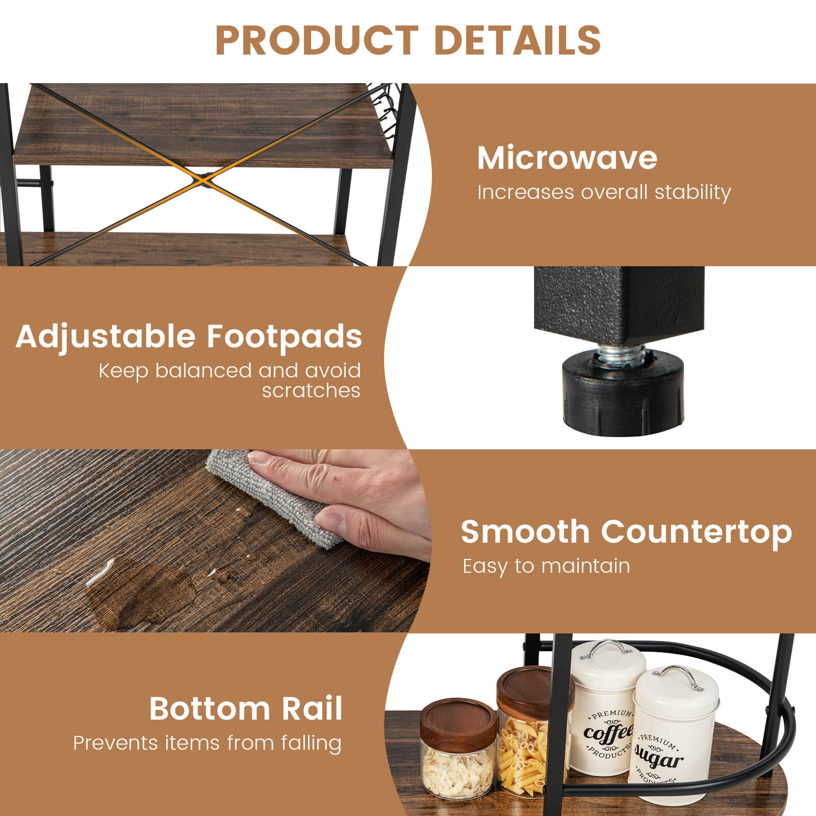 4-Tier Kitchen Bakers Rack with 6 S-Hooks and Stemware Racks