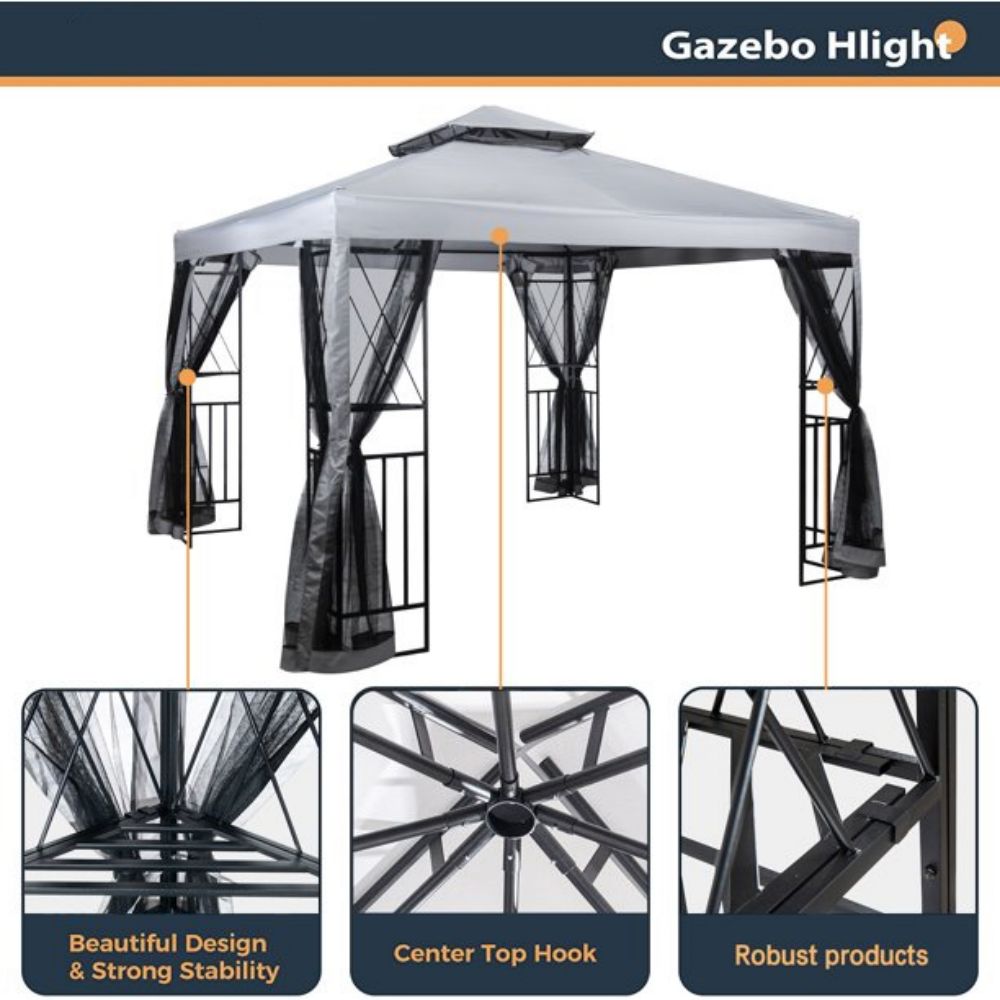 10' x 10' Patio Gazebo with Mosquito Net and Corner Shelves, Light Gray