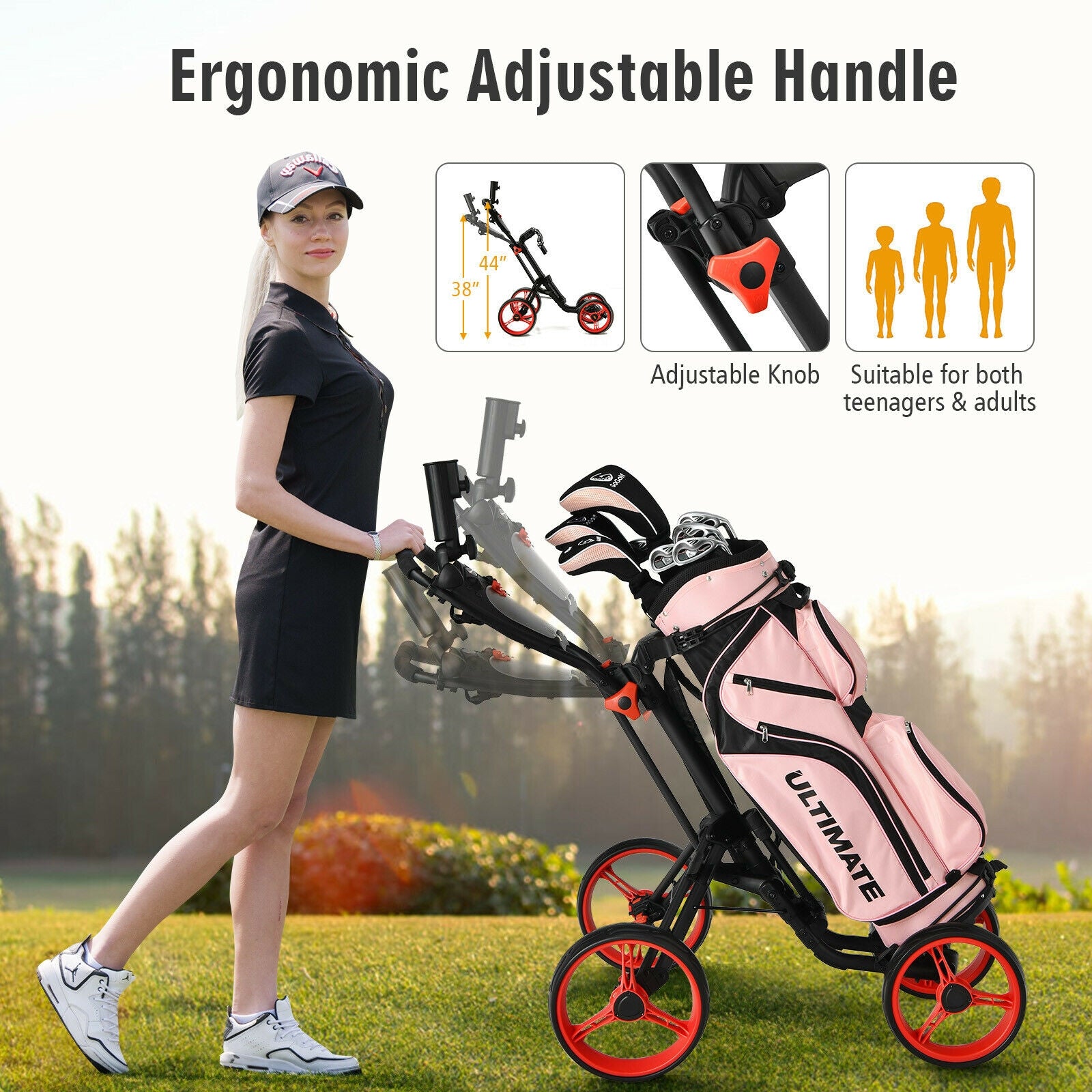 4 Wheel Golf Push Cart with Brake Scoreboard Adjustable Handle