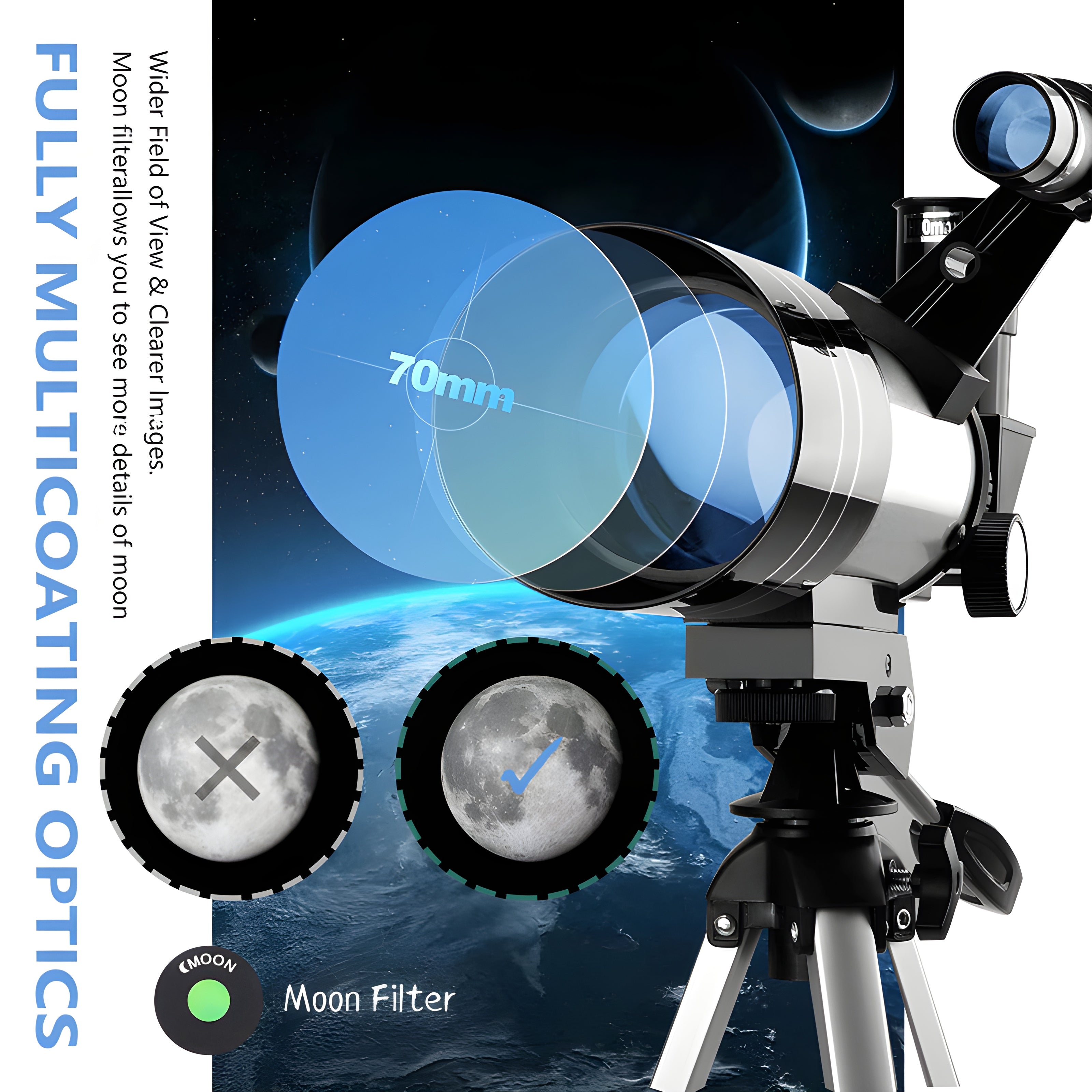Portable 70mm Refractor Telescope for Adults & Kids - 15X-150X Magnification with Phone Adapter and Wireless Remote