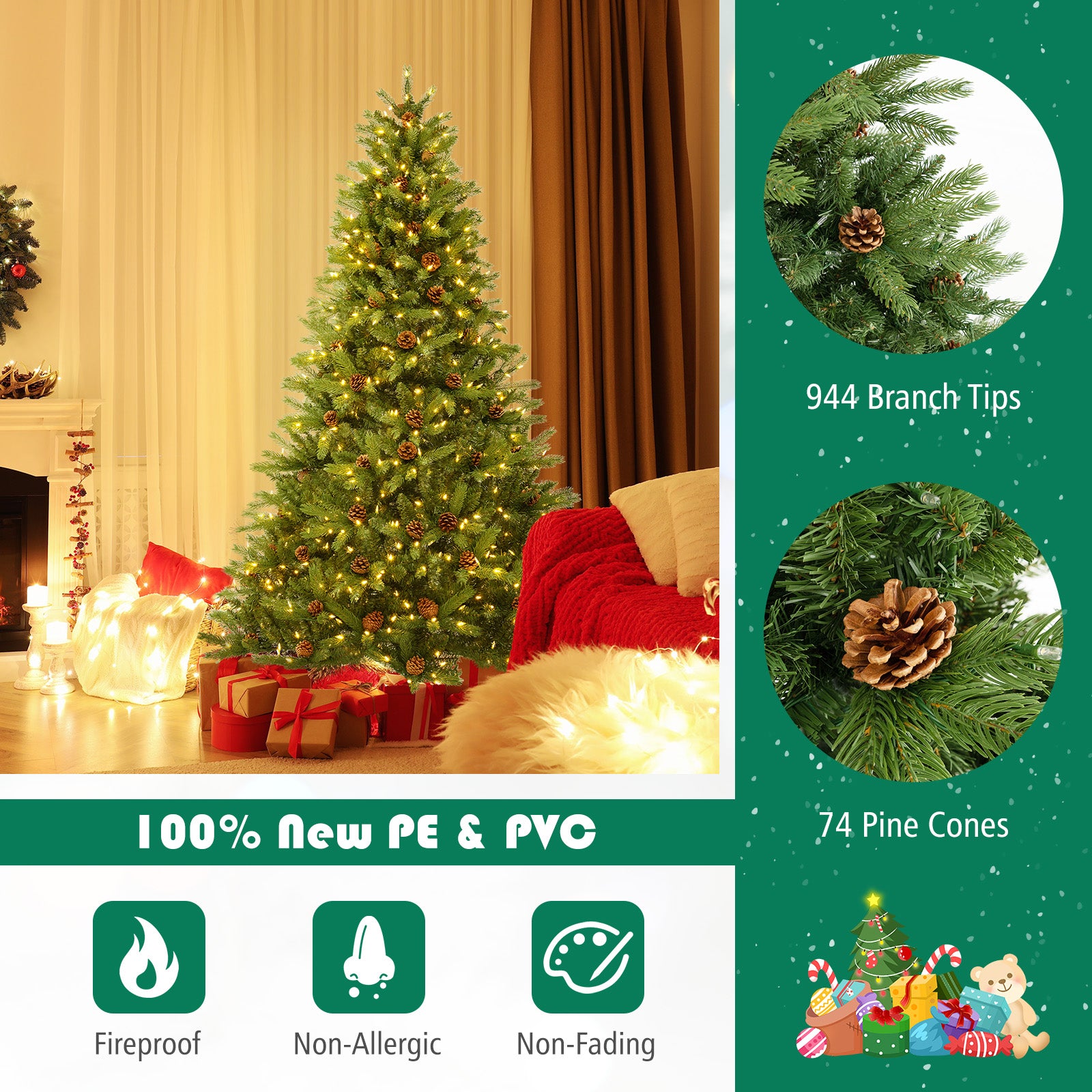 6 FT Artificial Christmas Tree with Pine Cones and Adjustable Brightness