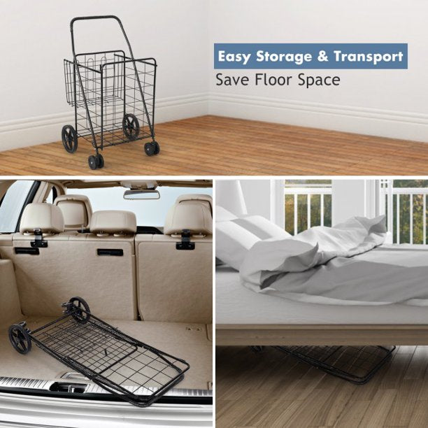 SUGIFT  Folding Shopping Cart with Swiveling Wheels and Dual Storage Baskets