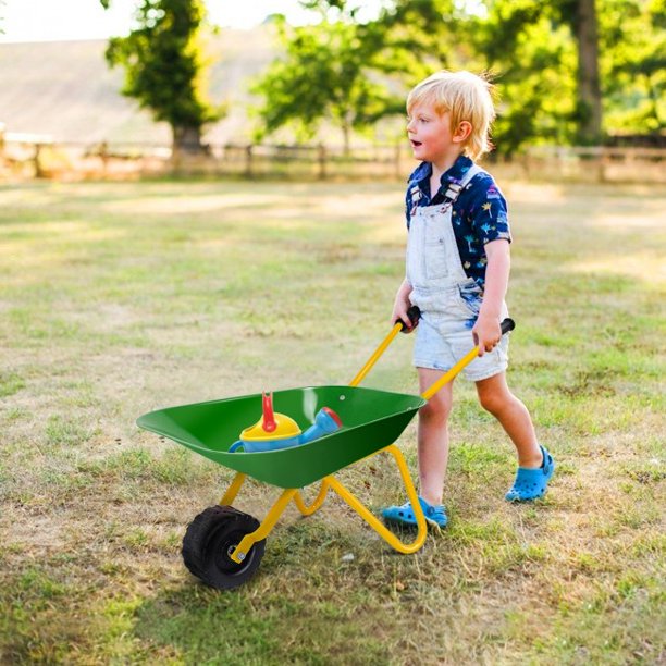 SUGIFT  Kids Wheelbarrow Outdoor Garden Backyard Play Toy Kids Metal Wheelbarrow
