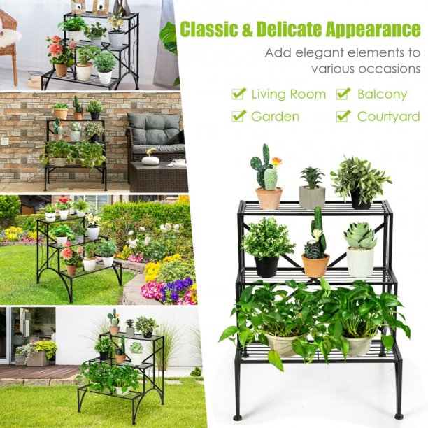 SUGIFT  3-Tier Stair Style Flower Pot Holder Metal Plant Rack Garden Shelf Storage Organizer
