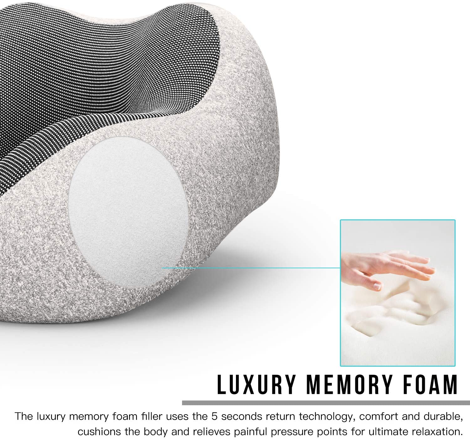 SUGIFT  Travel Pillow 100% Pure Memory Foam Neck Pillow, Comfortable & Breathable Cover, Machine Washable, Airplane Travel Kit with 3D Contoured Eye Masks, Earplugs, and Luxury Bag, Standard (Grey)