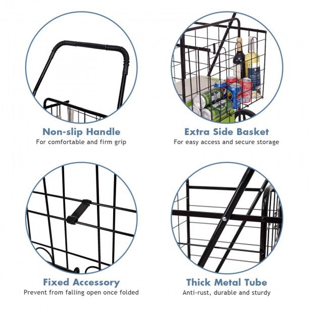SUGIFT  Folding Shopping Cart with Swiveling Wheels and Dual Storage Baskets