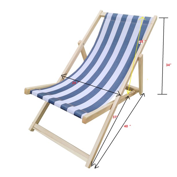 SUGIFT  Beach Sling Chair, Lounge Striped Chair Outdoor, Reclining Beach Chair, Wooden Folding Adjustable Patio Chair, Blue