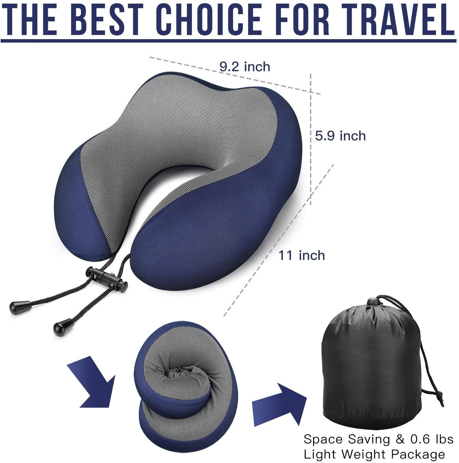 SUGIFT  Travel Pillow 100% Pure Memory Foam Neck Pillow, Comfortable & Breathable Cover, Machine Washable, Airplane Travel Kit with 3D Contoured Eye Masks, Earplugs, and Luxury Bag, Standard (Blue)