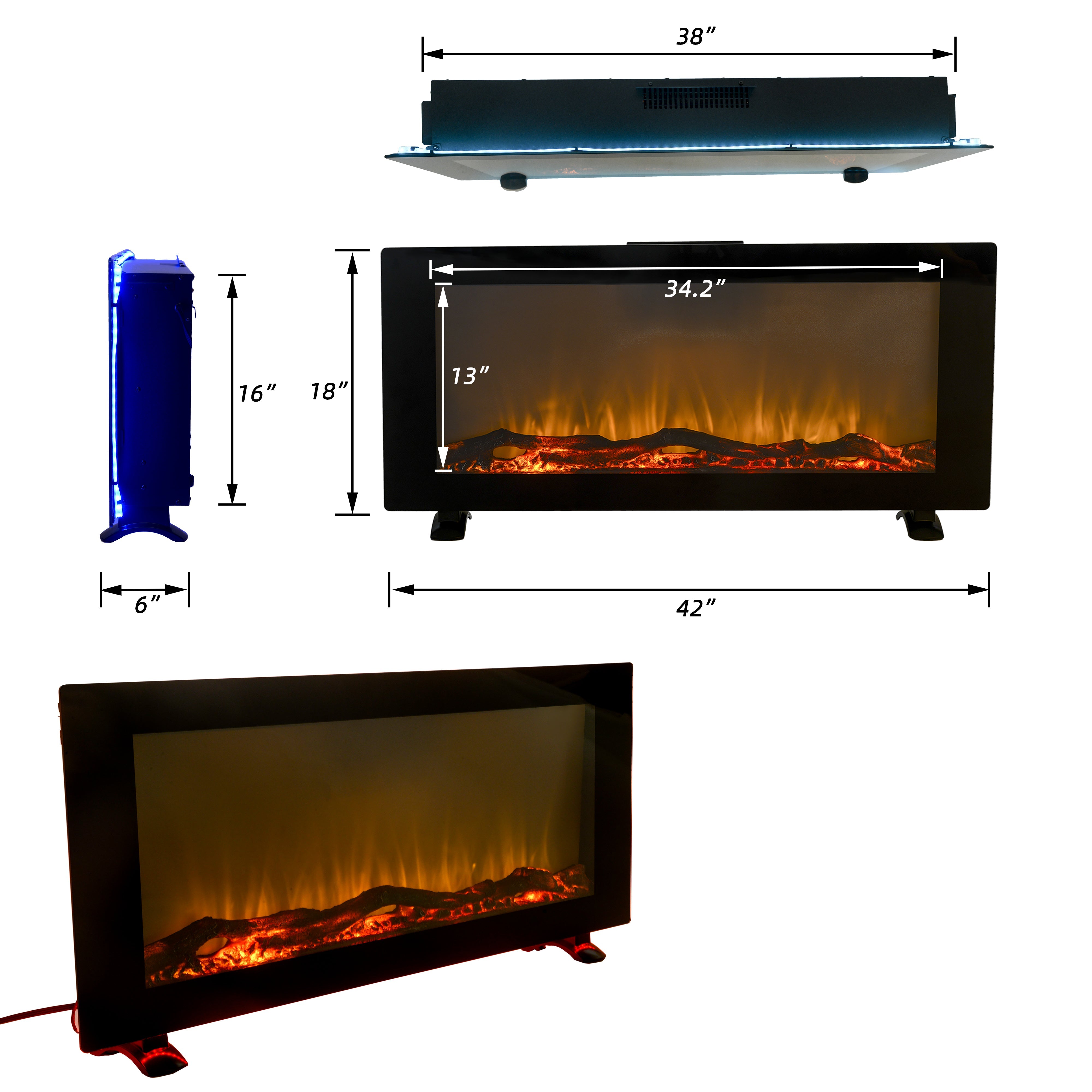 SUGIFT 42 in Electric Fireplace with Built-in Wall Heater, 10-Color Backlight, Black