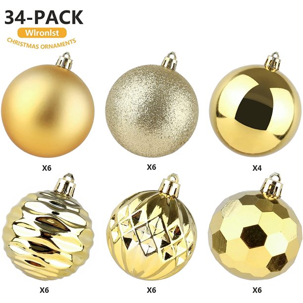 SUGIFT 60mm/2.36" Christmas Ball Ornaments - 34-Pack Shatterproof Plastic Christmas Ornaments Hanging Ball Decorations for Xmas Tree, Holiday, Wedding, Party (2.36'', Gold)