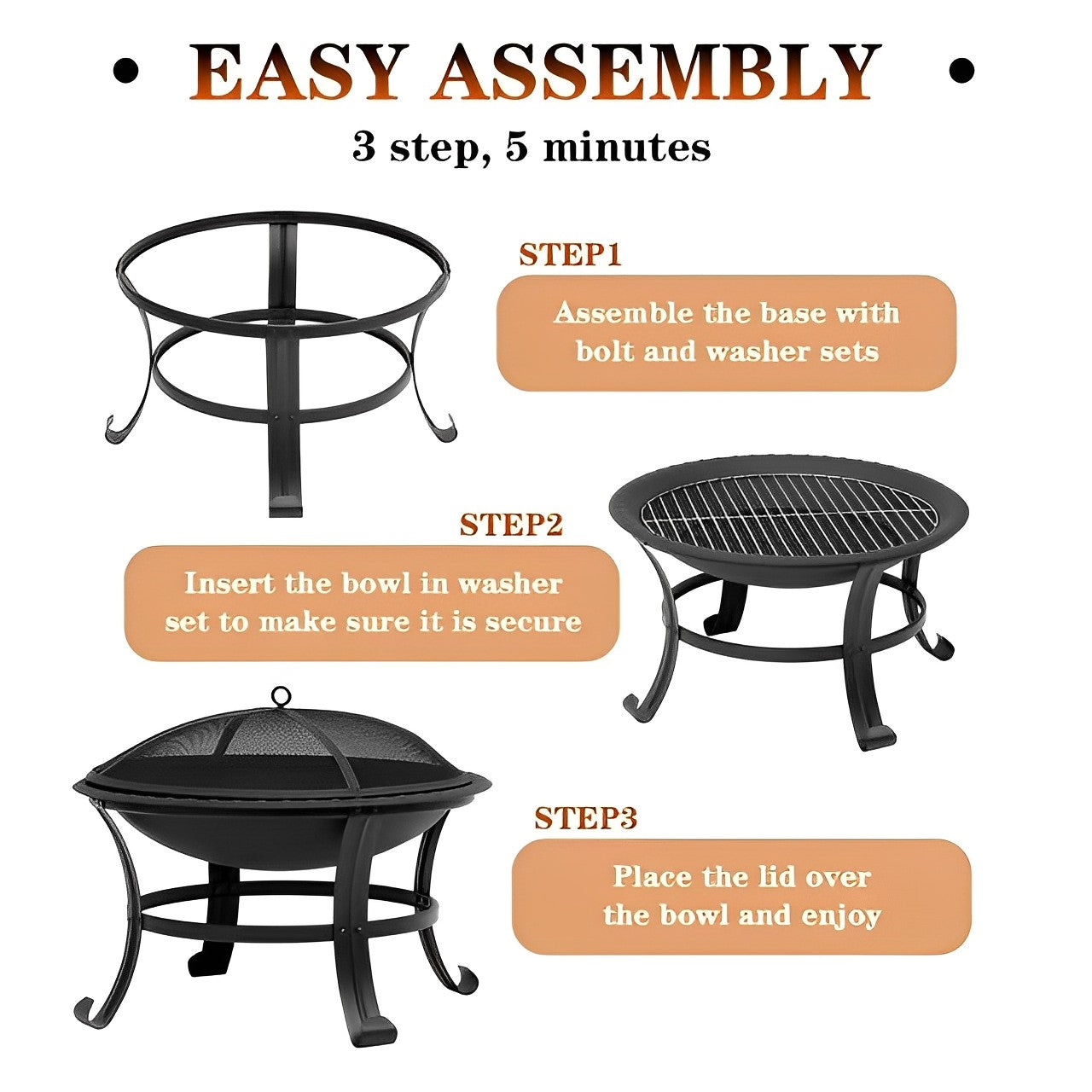 26in Outdoor All-Season Portable Steel Fire Pits with Spark Screen, Barbecue Net, Poke