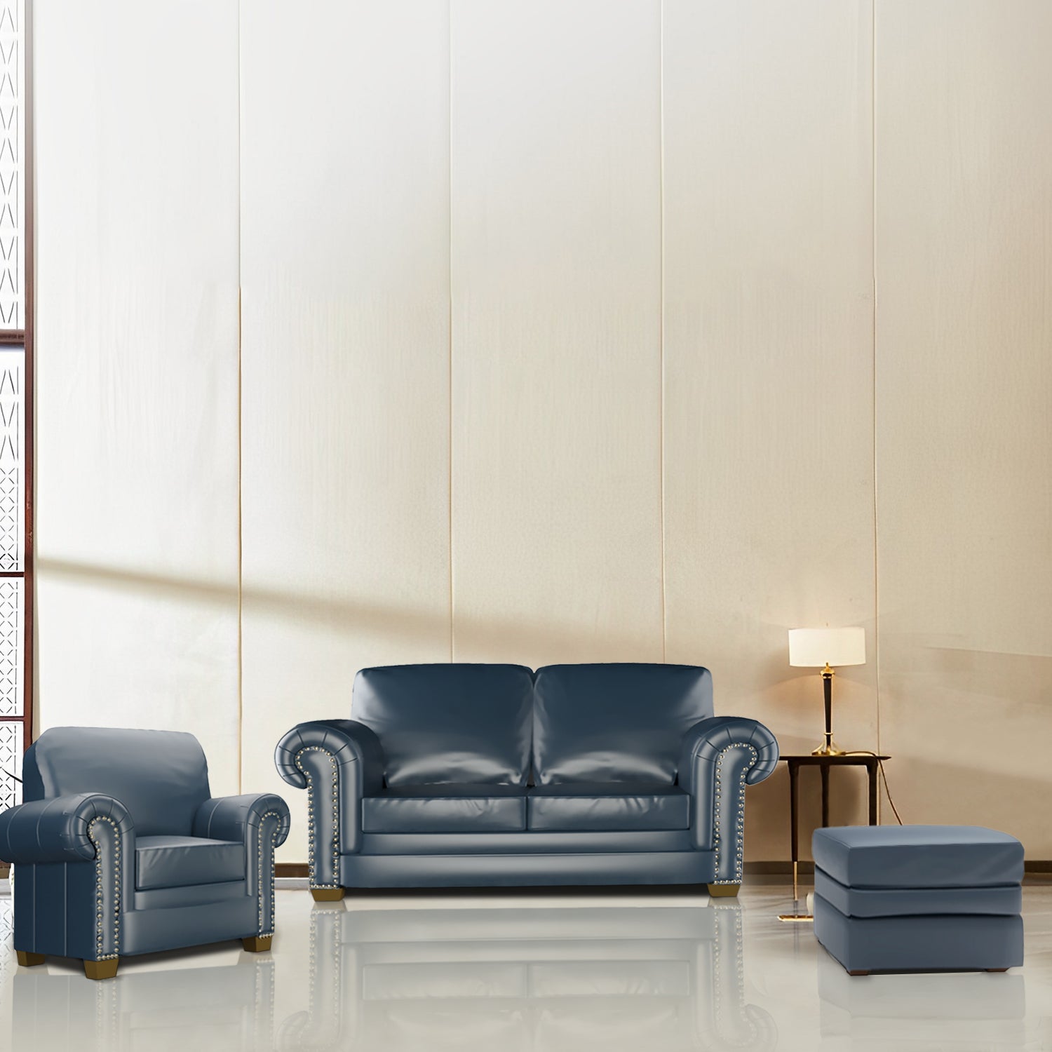 30-inch Wide Genuine Leather Ottomans with Wood Feet