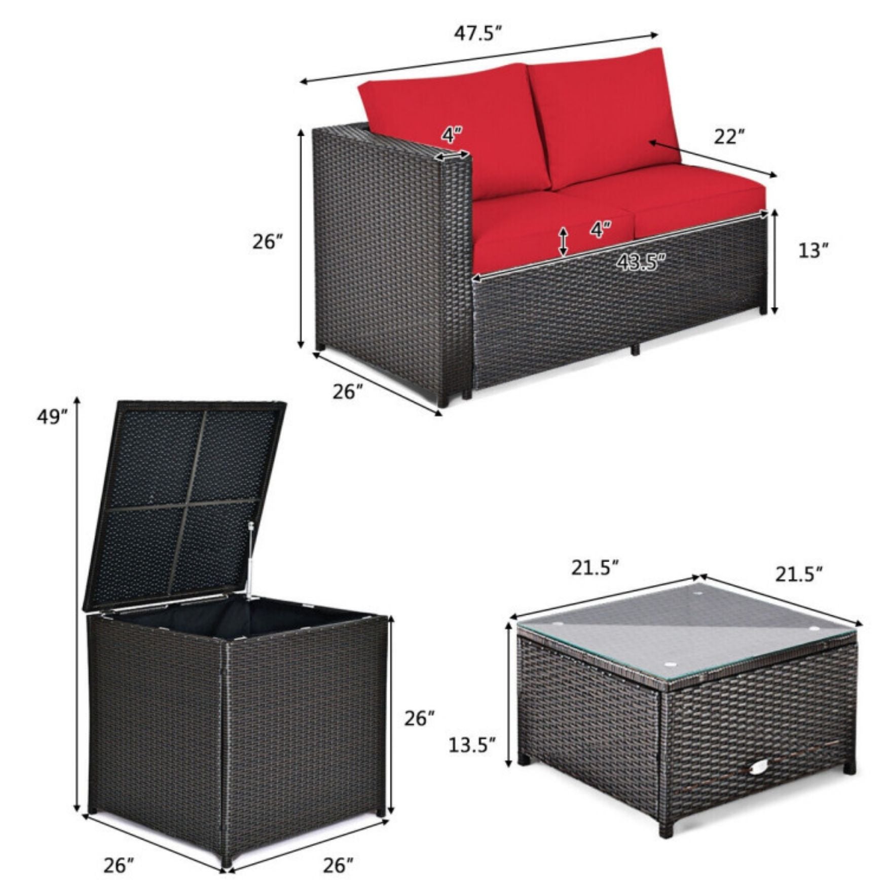 SUGIFT 4 Pieces Outdoor Patio Rattan Furniture Set with Loveseat and Storage Box