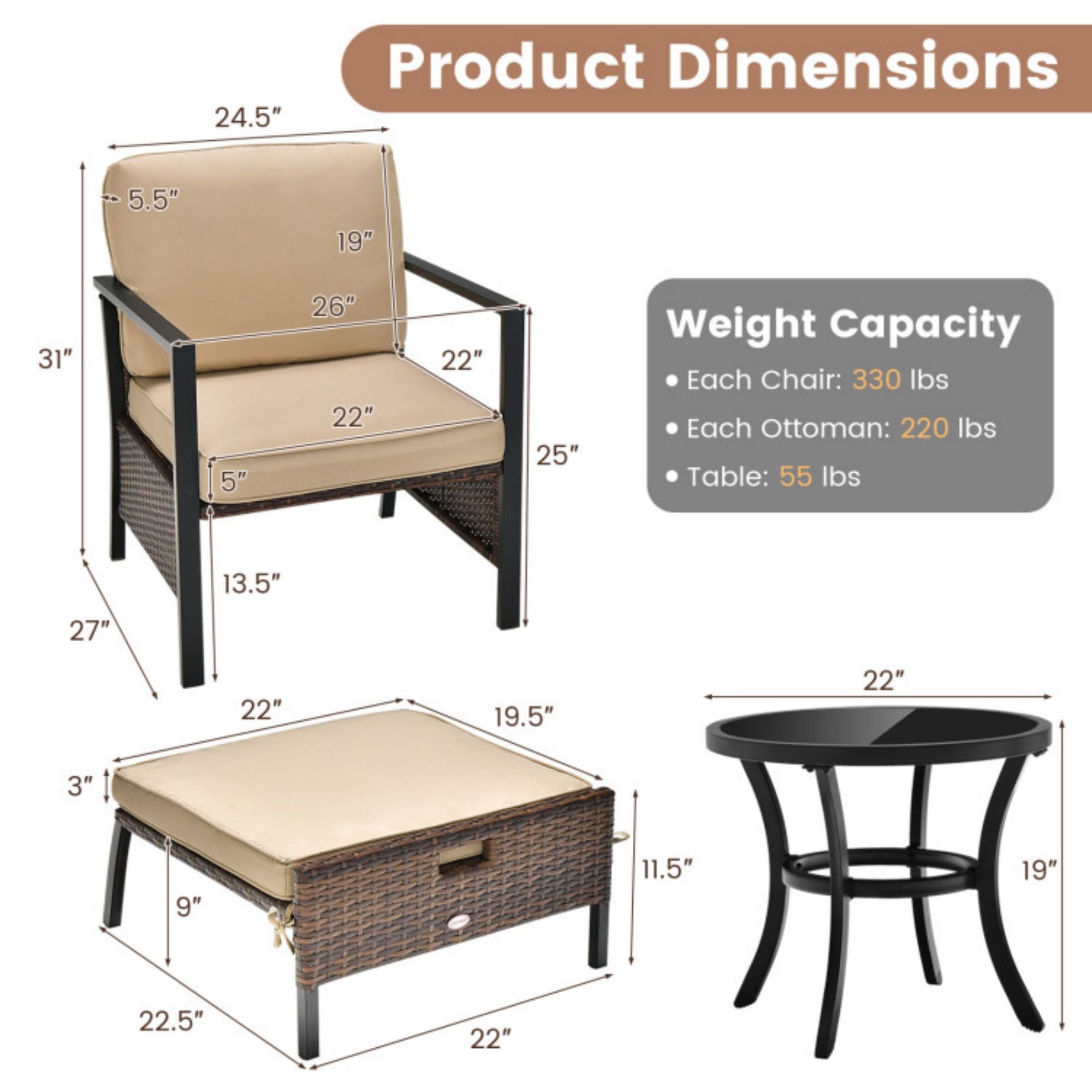 SUGIFT 5 Pieces Patio Wicker Conversation Set with Soft Cushions for Garden Yard