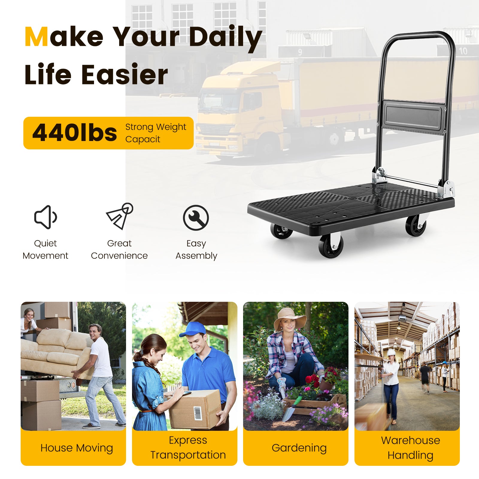 Folding Push Cart Dolly with Swivel Wheels and Non-Slip Loading Area