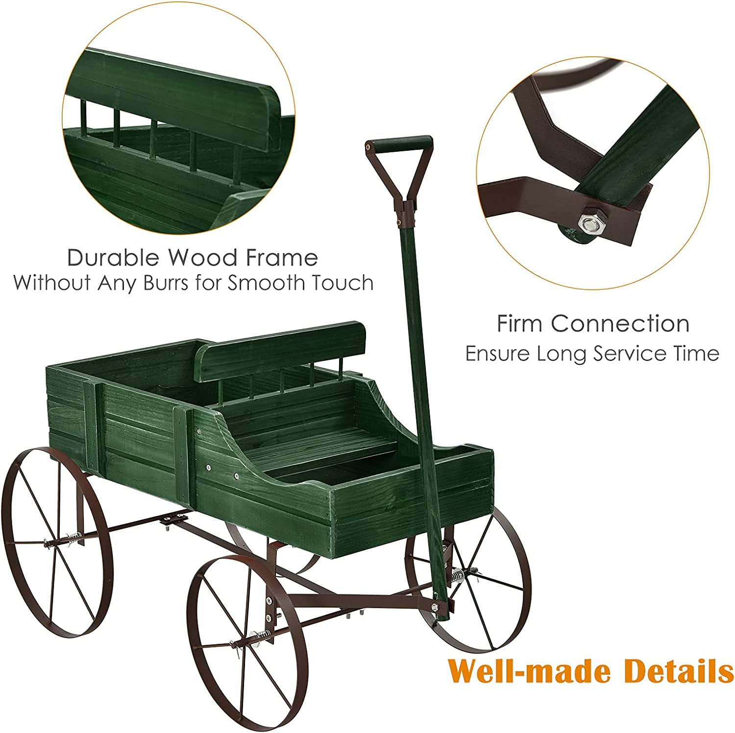 SUGIFT Wooden Wagon Plant Bed with Metal Wheels for Garden Yard Patio