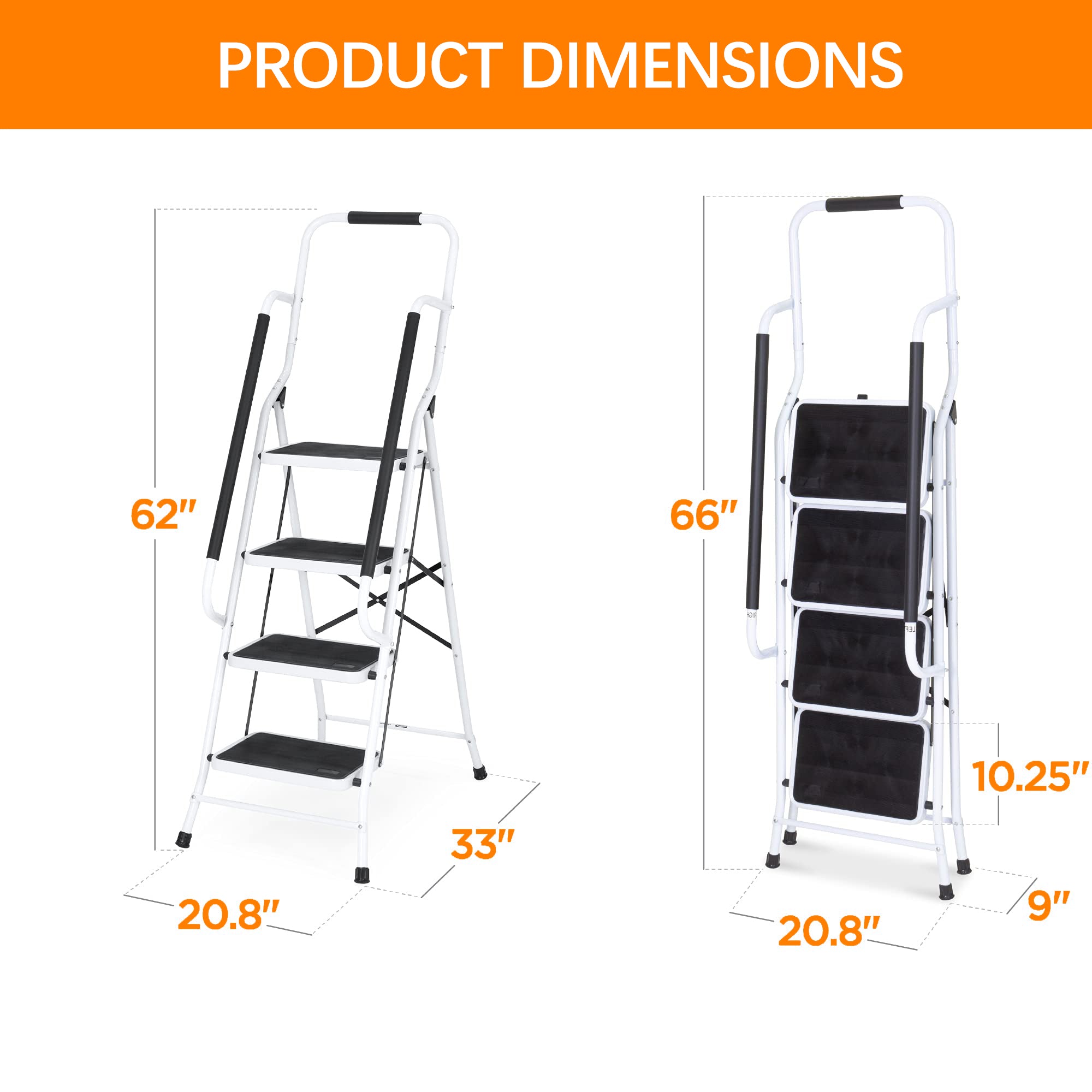 4 Step Folding Ladder with Hand Grip Non-Slip Safety Rails