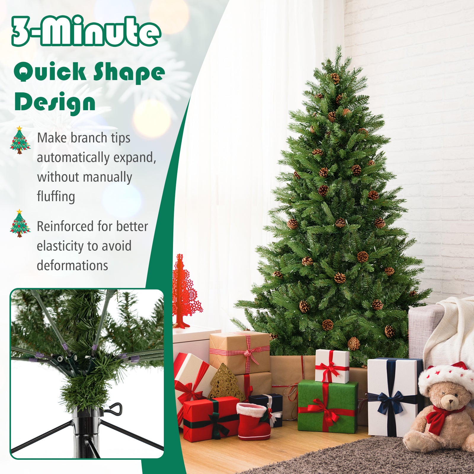 6 FT Artificial Christmas Tree with Pine Cones and Adjustable Brightness