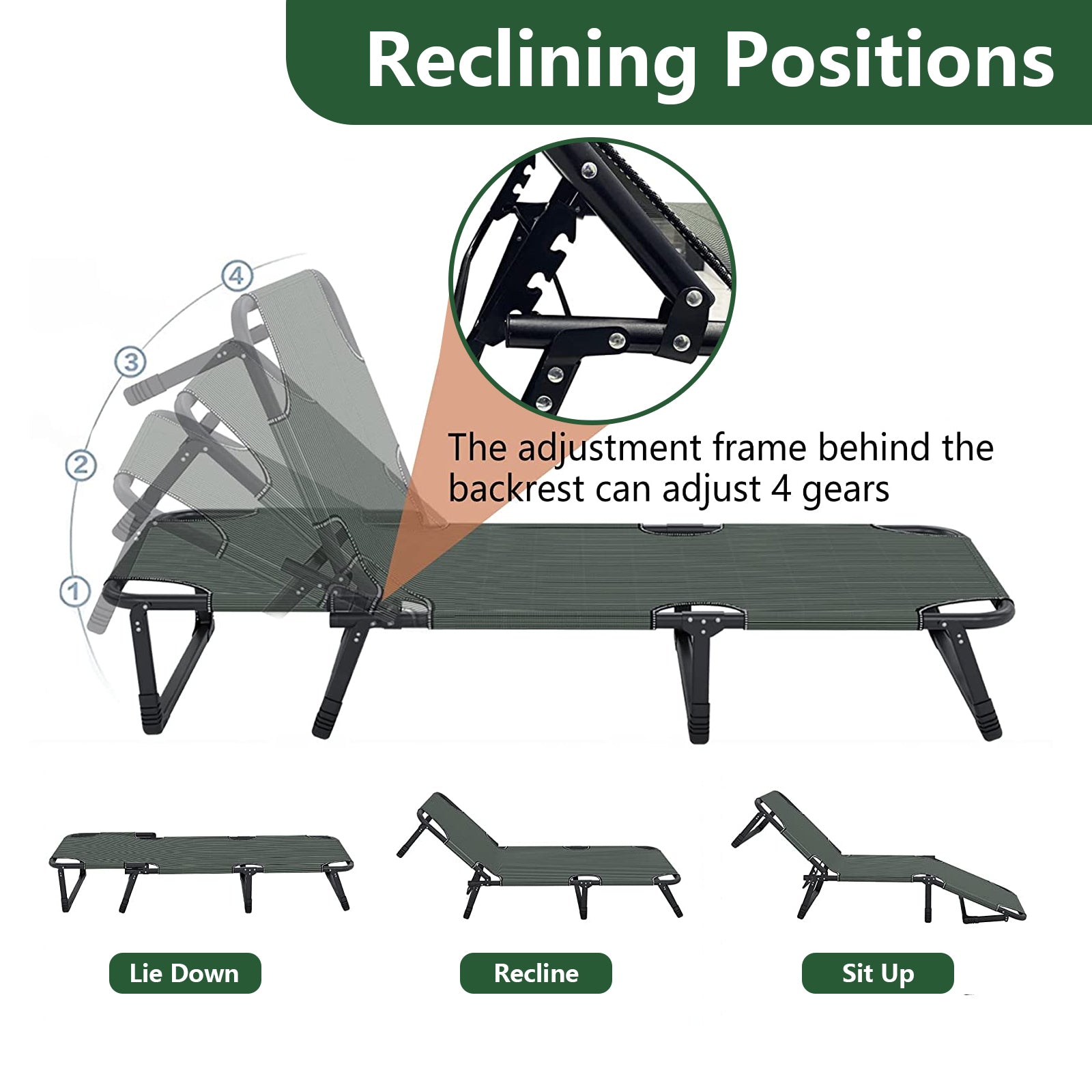 Adjustable 4-Position Folding Lounge Chair, Camping Cot Bed with Pillow and Thicked Mattress