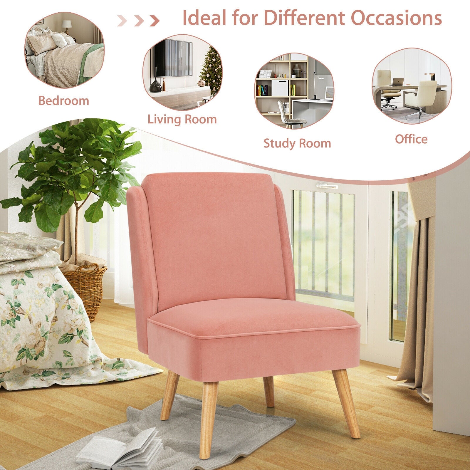 Velvet Accent Armless Side Chair with Rubber Wood Legs for Bedroom