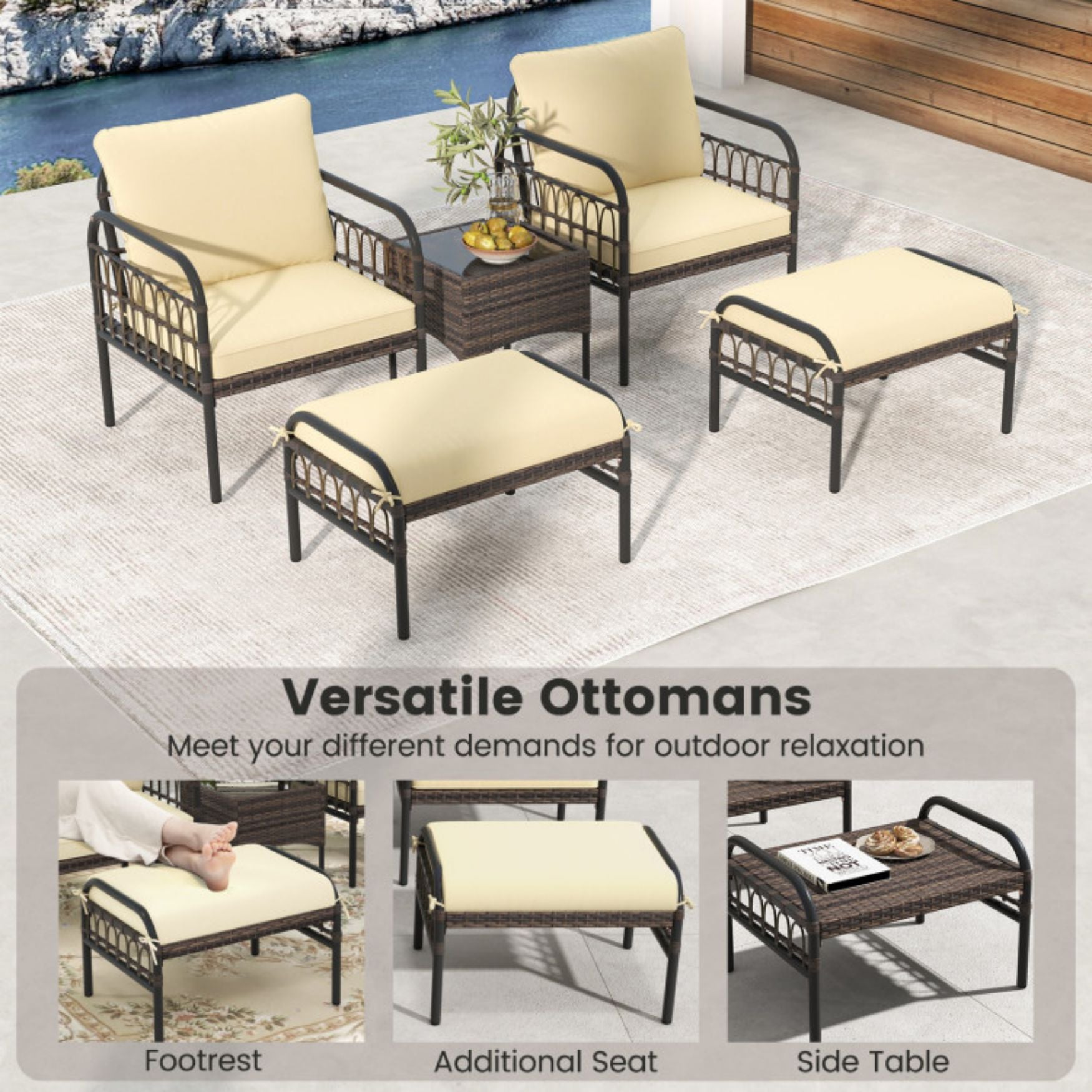 SUGIFT 5 Piece Patio Conversation Set with Ottomans and Coffee Table