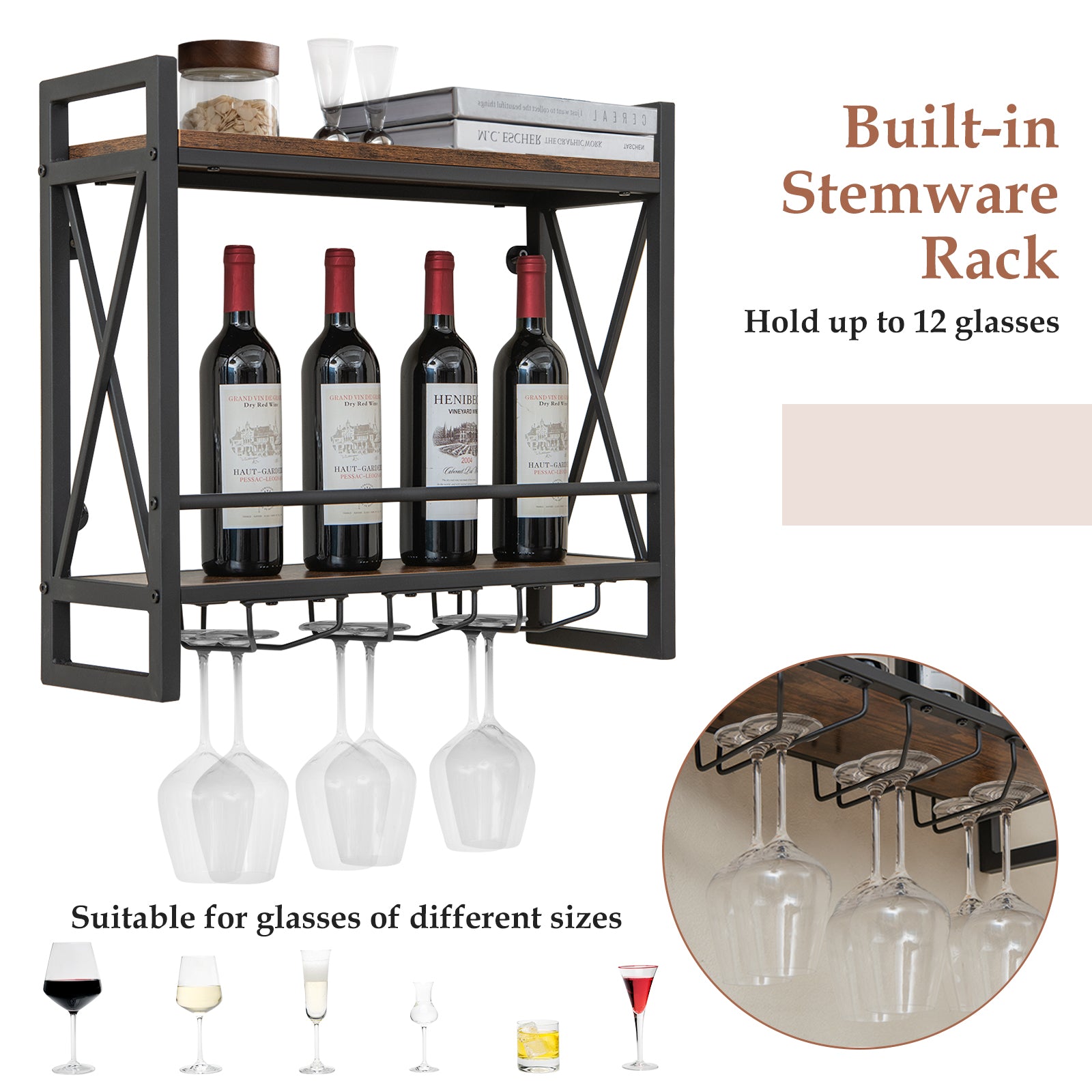 Industrial Wall Mounted Wine Rack with 3 Stem Glass Holders