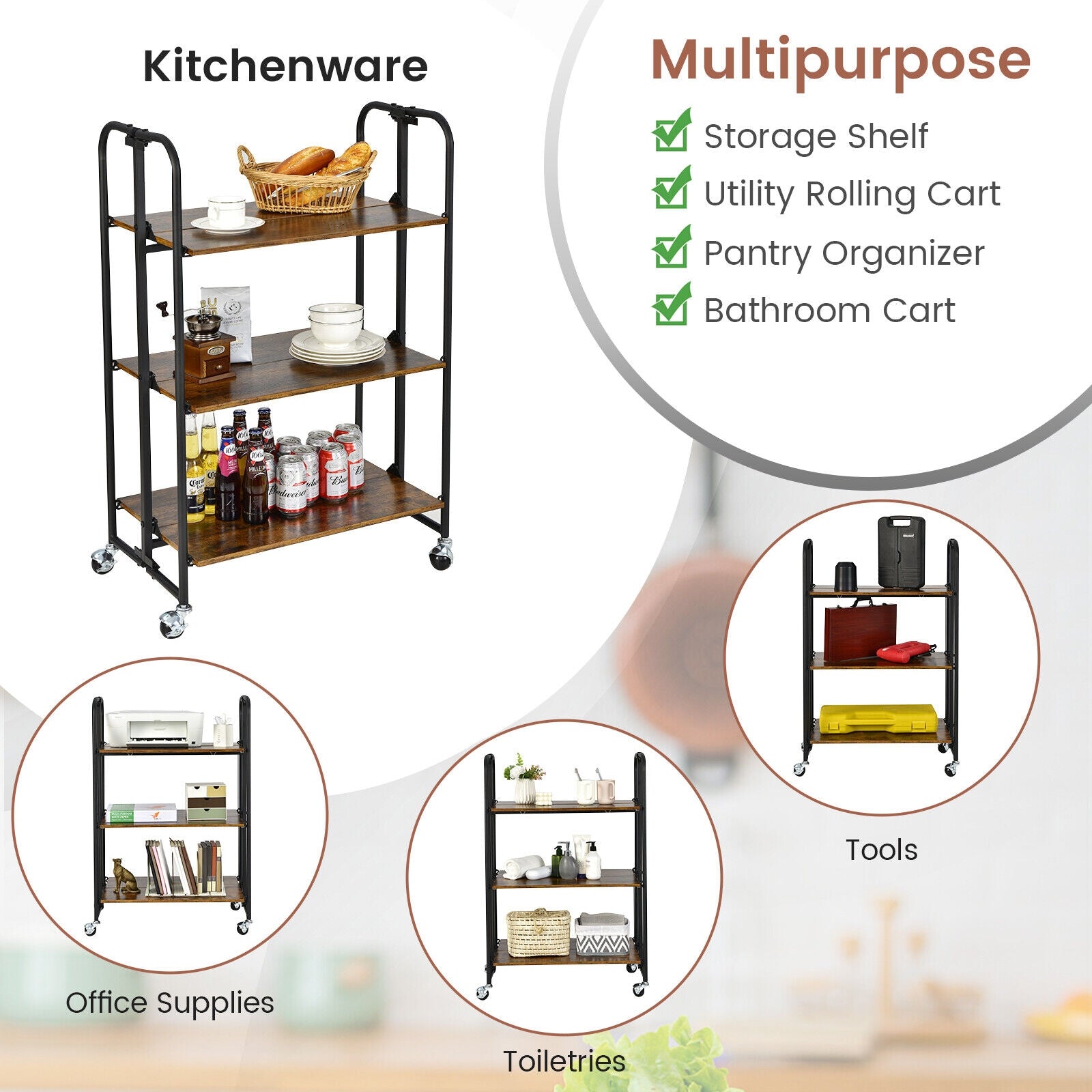 Foldable Rolling Cart with Storage Shelves for Kitchen