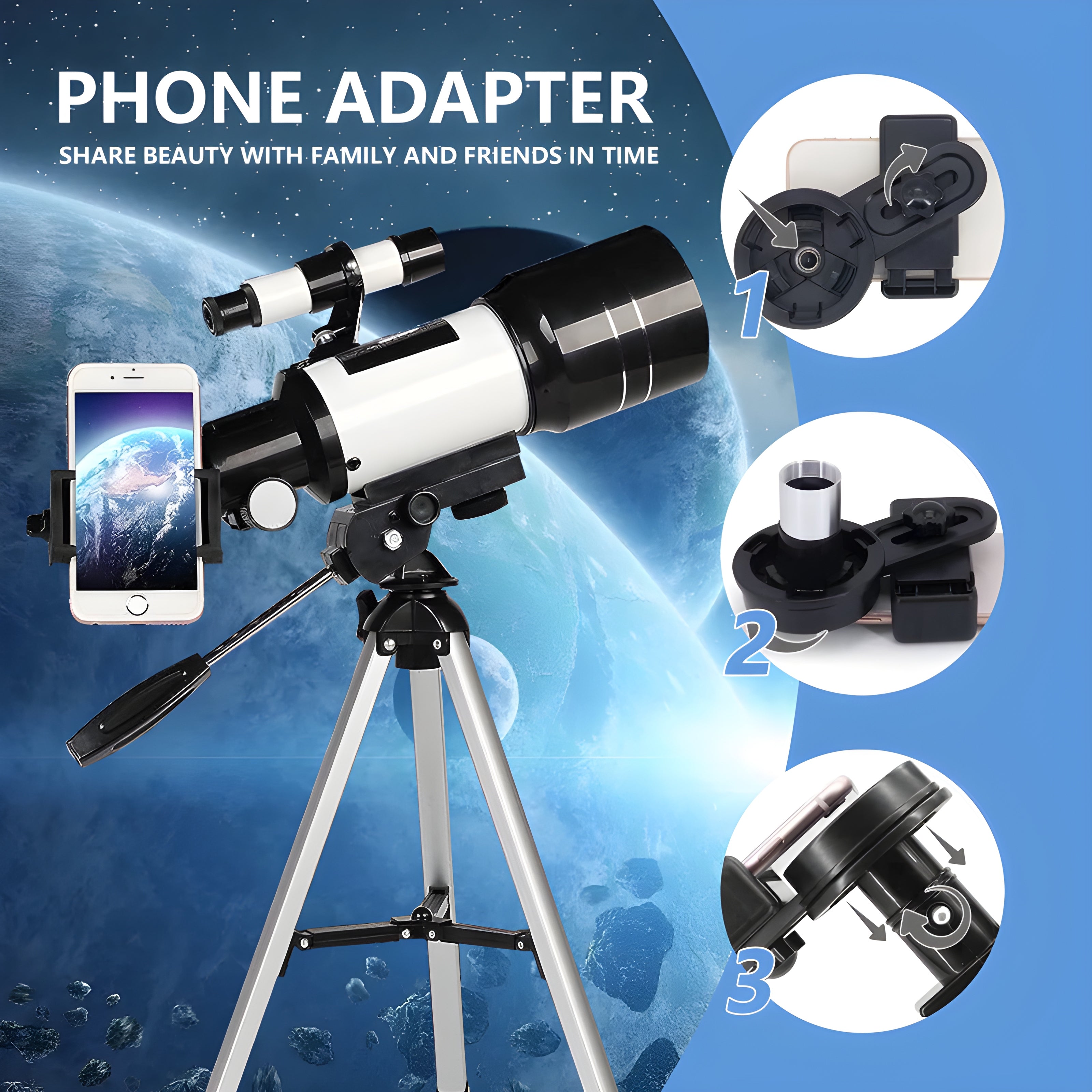 Portable 70mm Refractor Telescope for Adults & Kids - 15X-150X Magnification with Phone Adapter and Wireless Remote