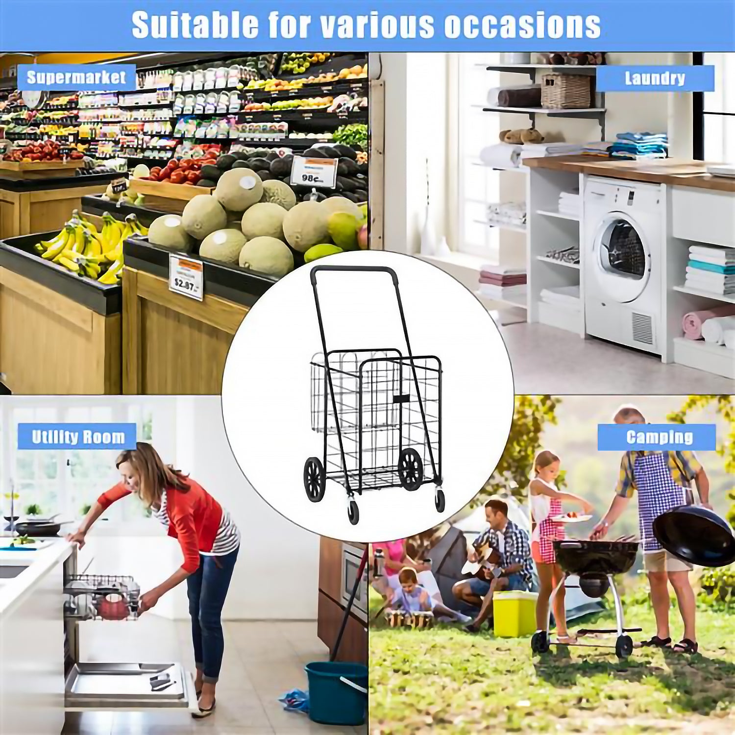 SUGIFT  Iron 1200mm Telescopic Armrest 0.8mm No. 16 Round Tube 50kg Black Foldable Shopping Cart