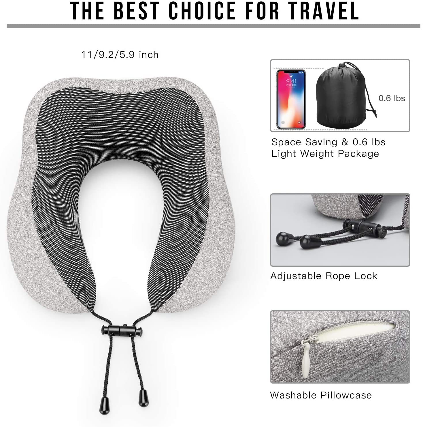 SUGIFT  Travel Pillow 100% Pure Memory Foam Neck Pillow, Comfortable & Breathable Cover, Machine Washable, Airplane Travel Kit with 3D Contoured Eye Masks, Earplugs, and Luxury Bag, Standard (Grey)