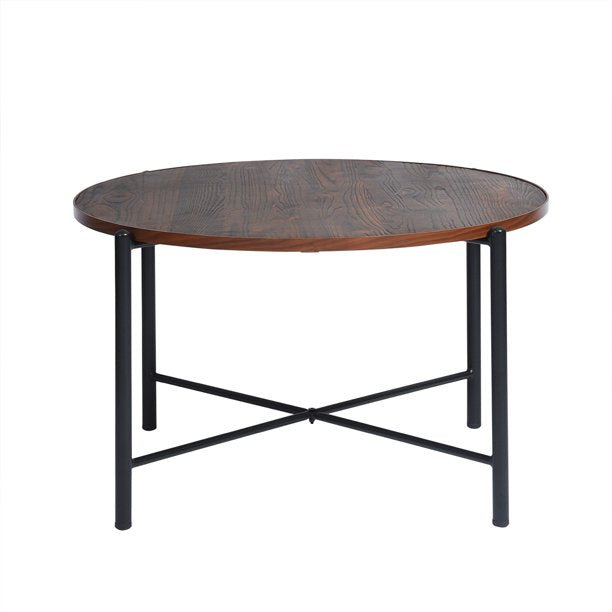 SUGIFT  Coffee Table Wood Cocktail Table Tea Desk 29.7 Inch Large Round Coffee Table Solid Metal Frame Table for Living Room