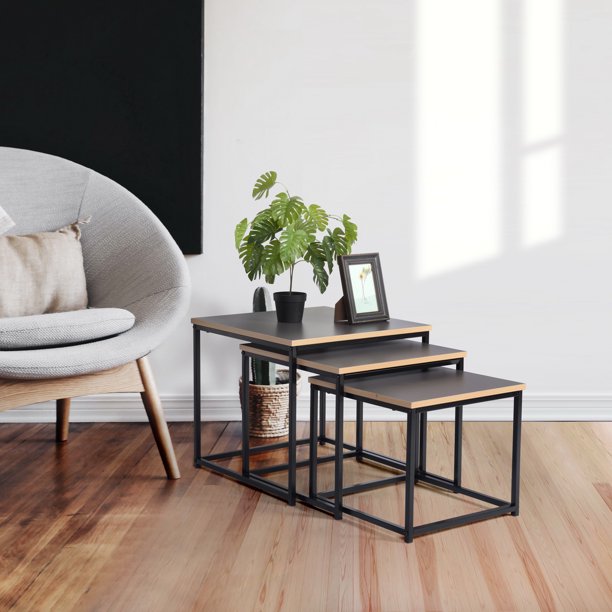 SUGIFT  3 Pack Black Square Nesting MDF Coffee End Desk/Side Table Set