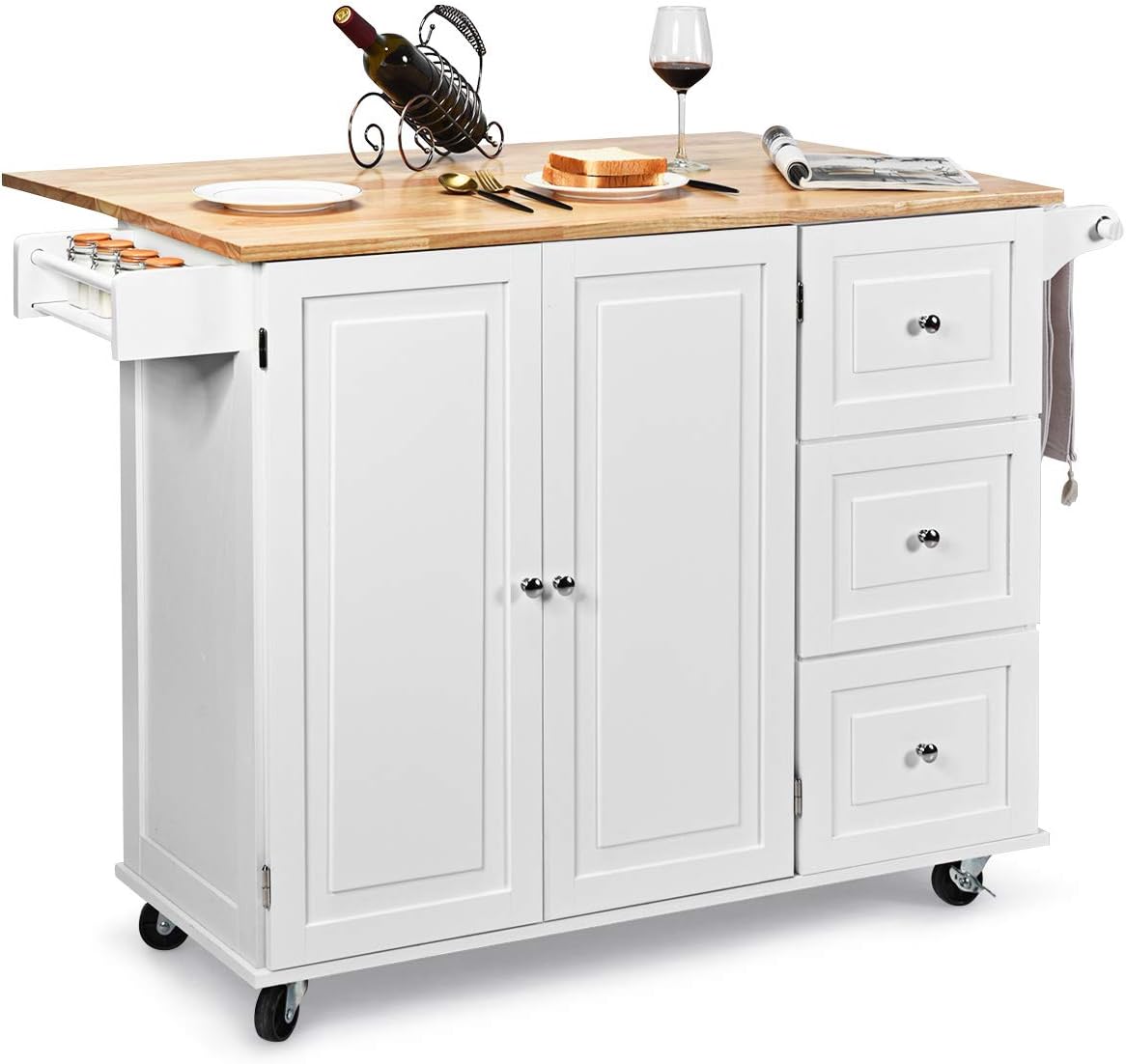 SUGUIFT Kitchen Island Trolley Cart Wood with Drop-Leaf Tabletop and Storage Cabinet