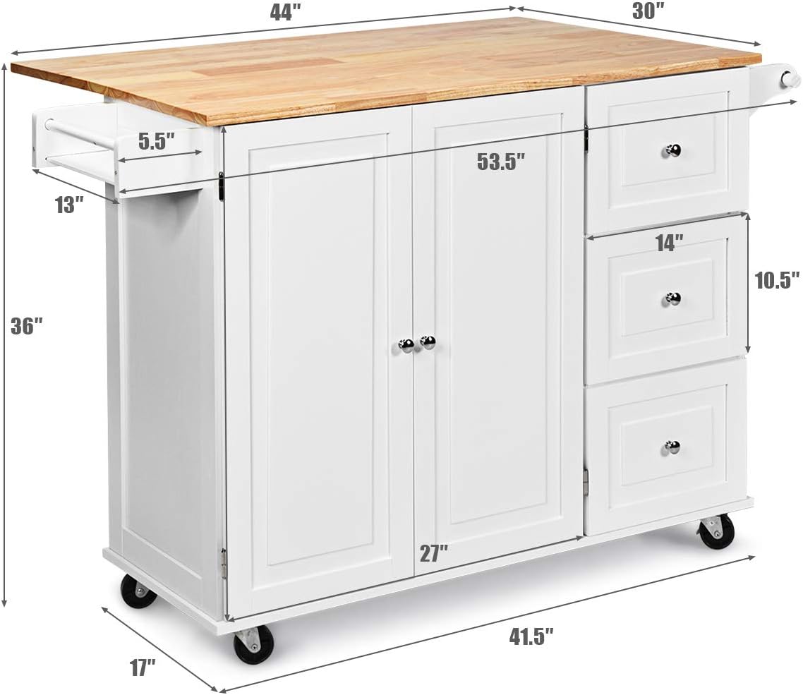 SUGUIFT Kitchen Island Trolley Cart Wood with Drop-Leaf Tabletop and Storage Cabinet