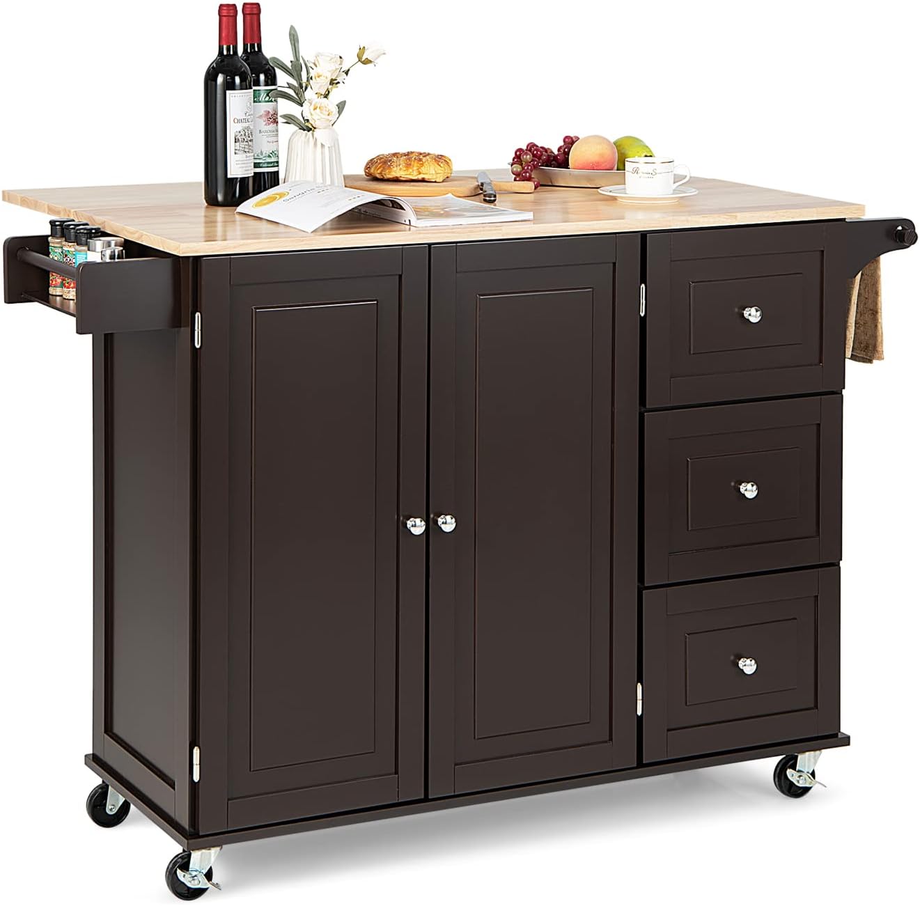 SUGUIFT Kitchen Island Trolley Cart Wood with Drop-Leaf Tabletop and Storage Cabinet