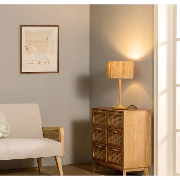 SUGIFT 21.3inch Table Lamp with In-line Switch Control and Grass Made-Up Lampshade Solid Wood