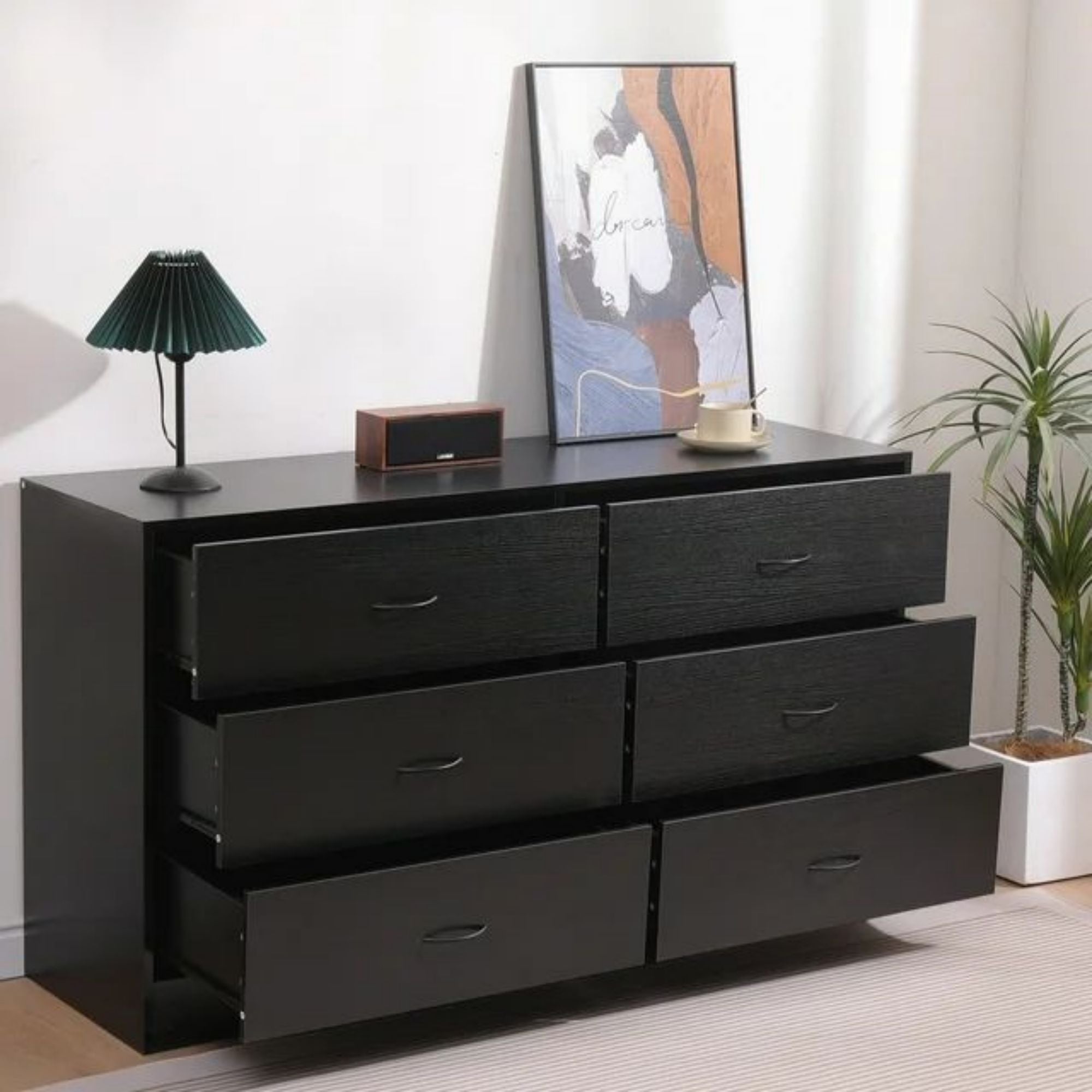 SUGIFT 6 Drawer Dressers Black Wood Dresser Chest of Drawers Double Dresser