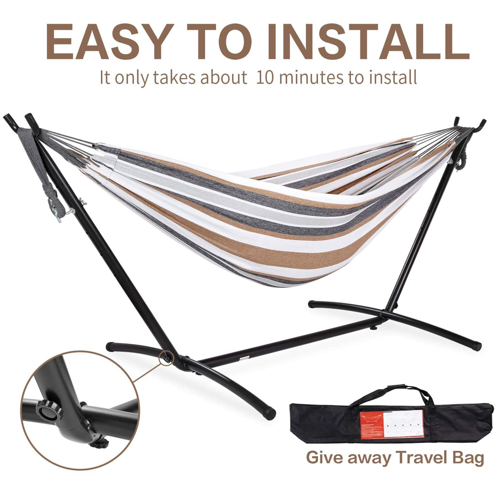 SUGIFT  2-Person Hammock with Space Saving Steel Stand Garden Yard Outdoor 450lb Capacity Double Hammocks and Portable Carrying Bag , Desert Stripes