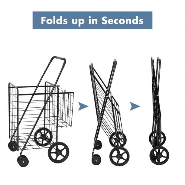 SUGIFT  Folding Shopping Cart with Swiveling Wheels and Dual Storage Baskets