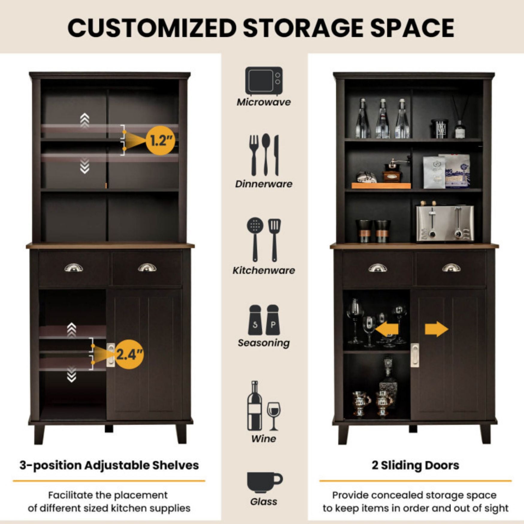 SUGIFT 67 inches Freestanding Kitchen Pantry Cabinet with Sliding Doors